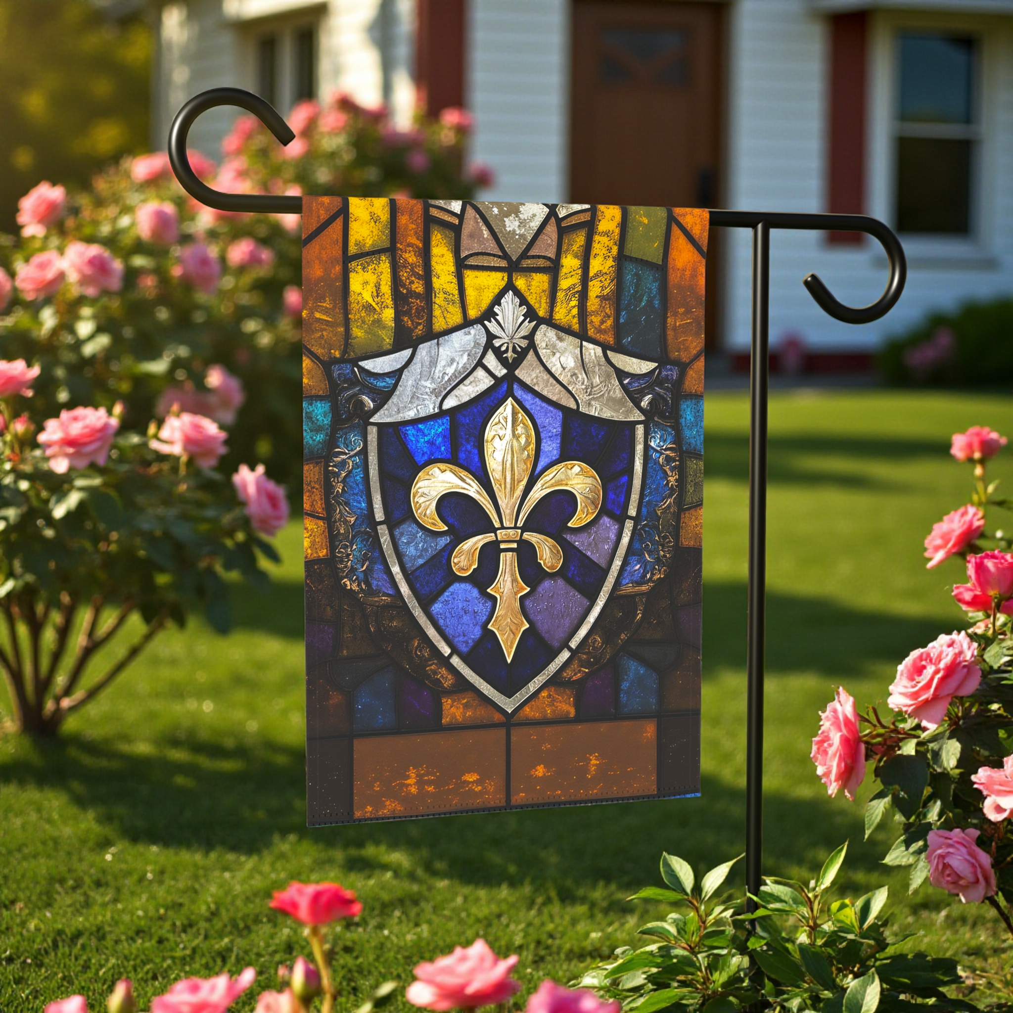 Stained Glass Fleur De Lis Garden Flag - banner view - Dragonfire Gardens