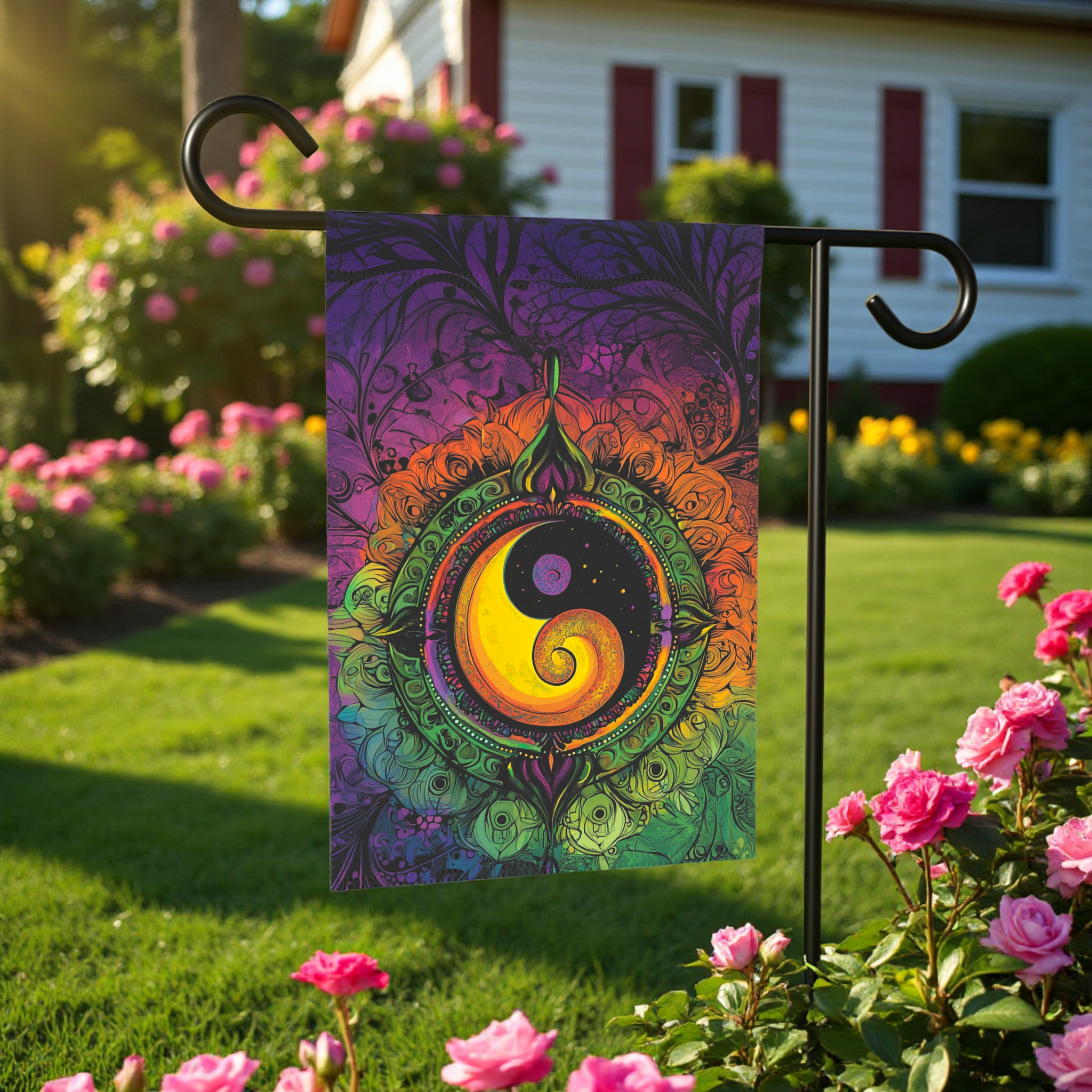 Abstract Yin and Yang Garden Flag - lifestyle display - Dragonfire Gardens