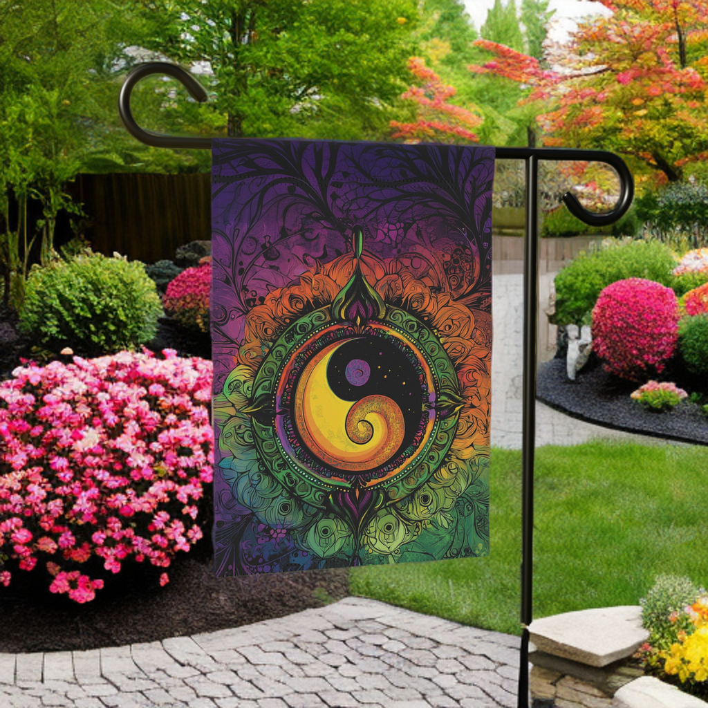 Abstract Yin and Yang Garden Flag - size comparison - Dragonfire Gardens