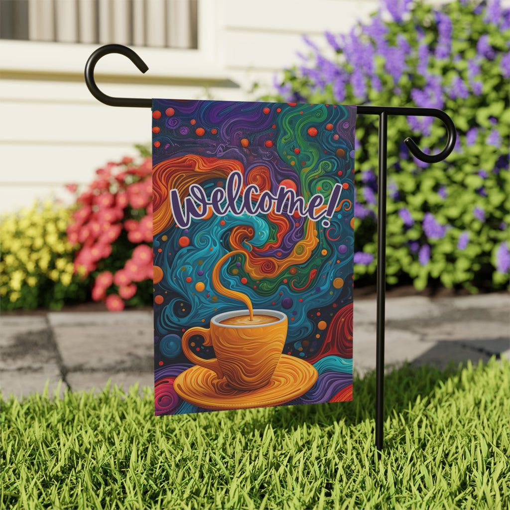 Colorful Coffee Welcome Garden Flag - outdoor display - Dragonfire Gardens