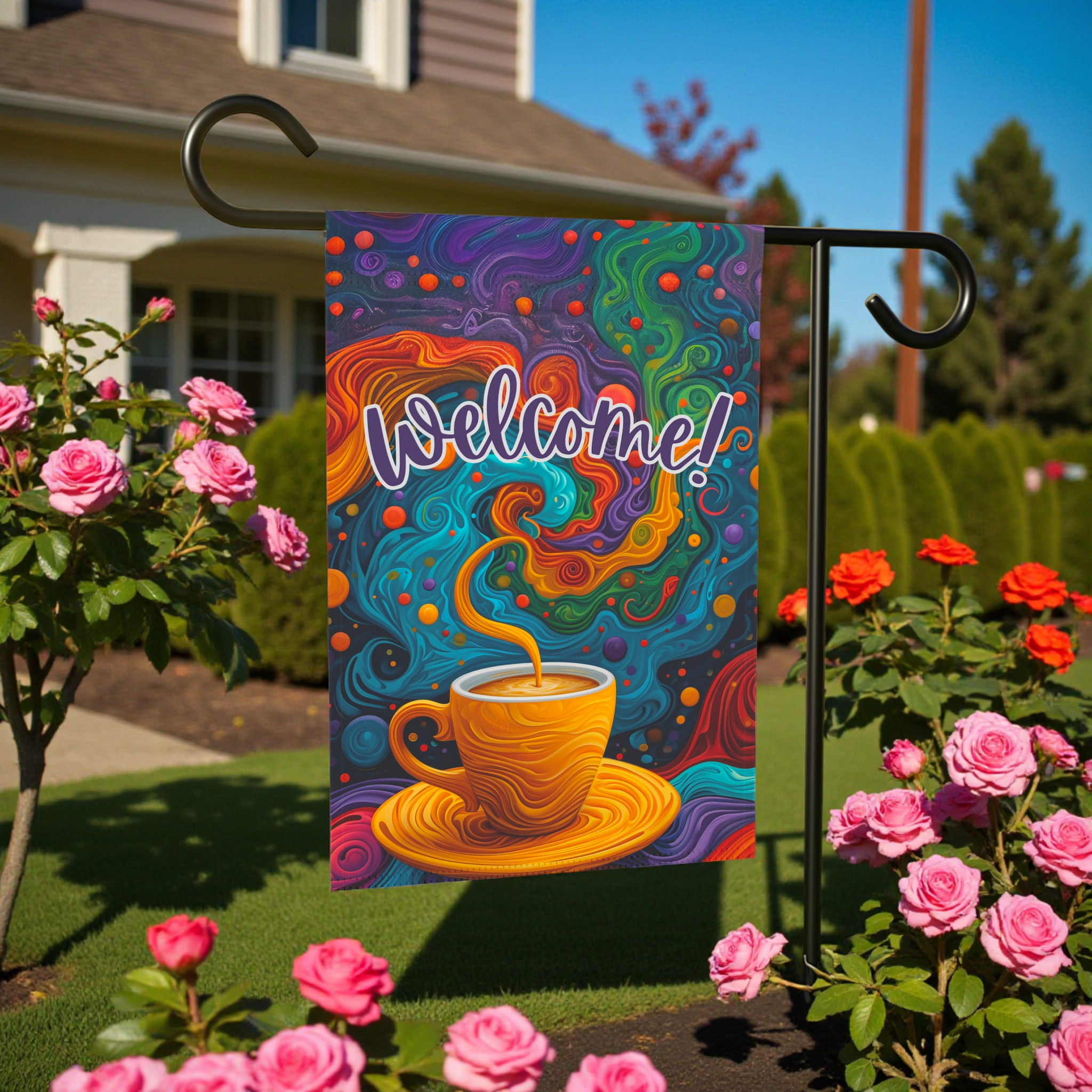 Colorful Coffee Welcome Garden Flag - product detail - Dragonfire Gardens