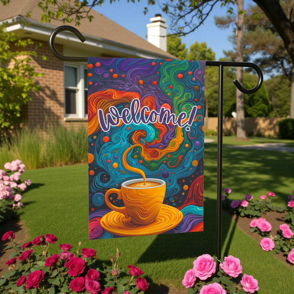 Colorful Coffee Welcome Garden Flag - lifestyle display - Dragonfire Gardens