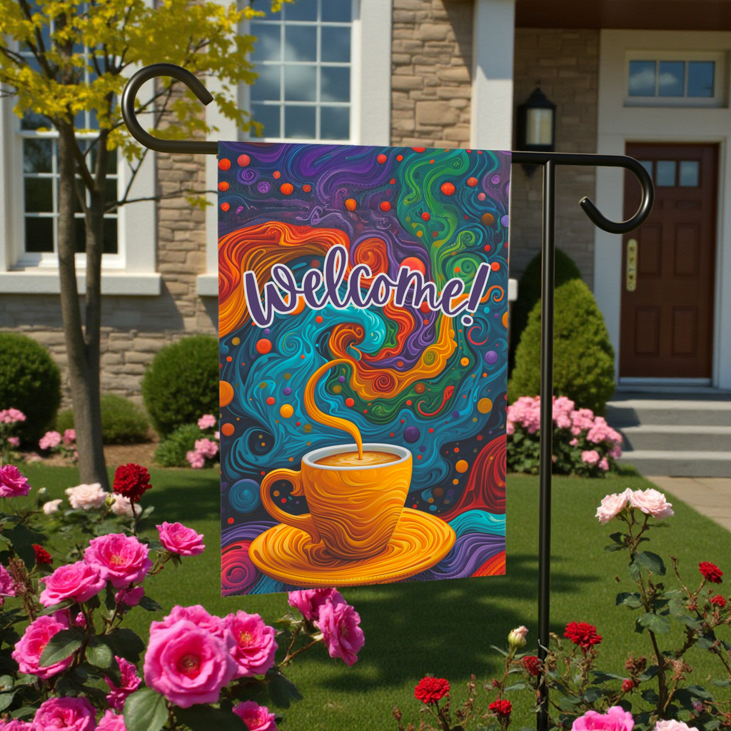 Colorful Coffee Welcome Garden Flag - front view - Dragonfire Gardens