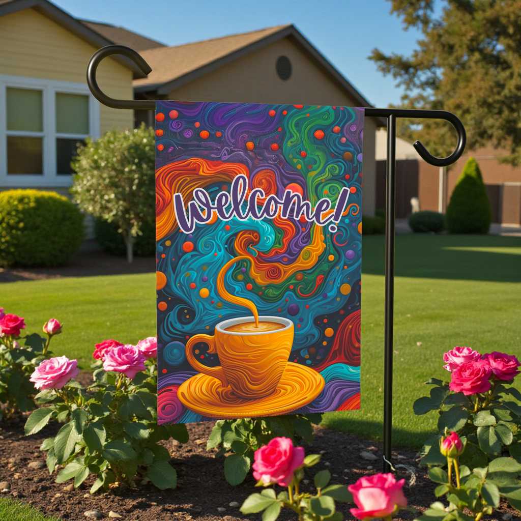Colorful Coffee Welcome Garden Flag - size comparison - Dragonfire Gardens