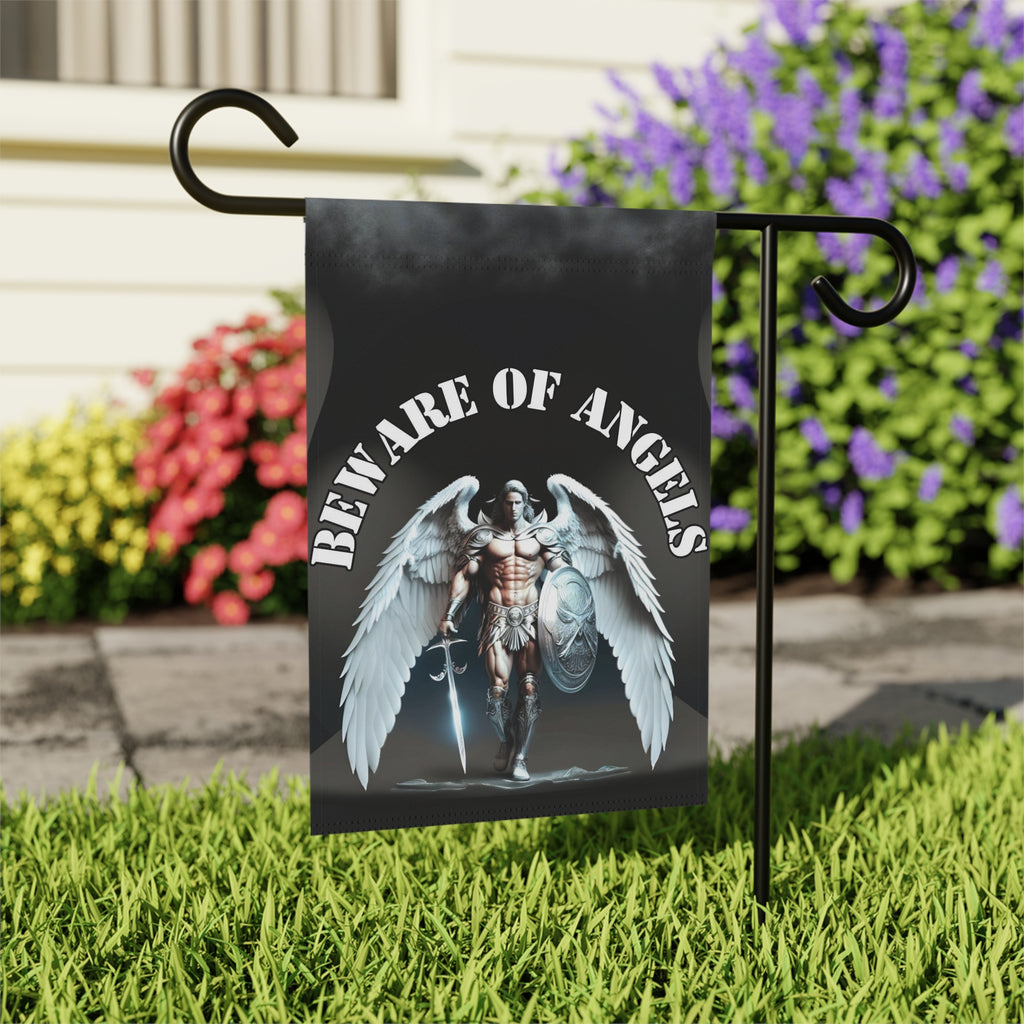Beware of Angels Spiritual Garden Flag - outdoor display - Dragonfire Gardens