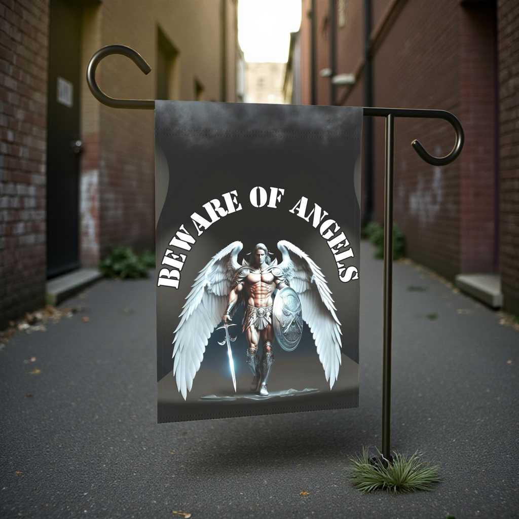 Beware of Angels Spiritual Garden Flag - lifestyle display - Dragonfire Gardens