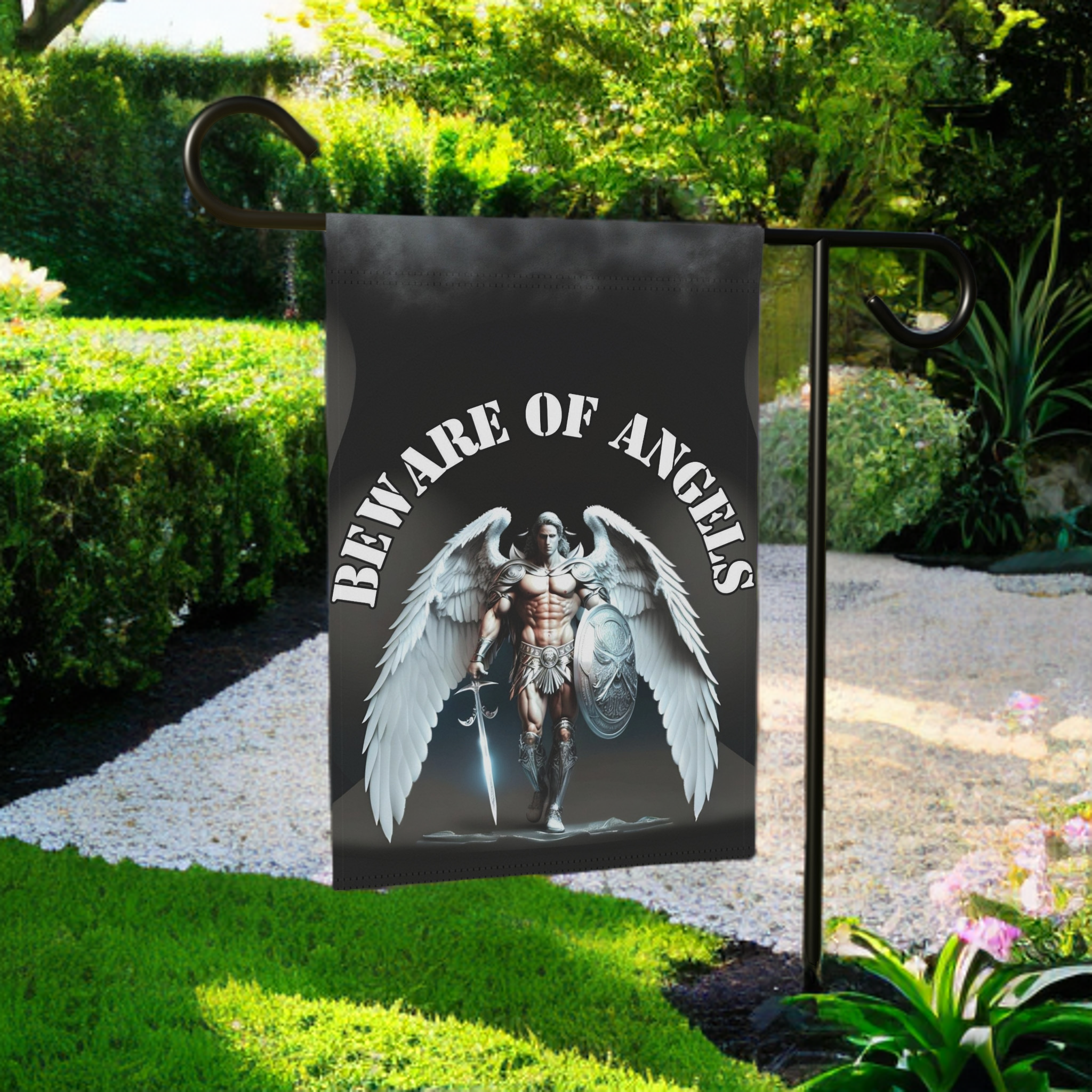 Beware of Angels Spiritual Garden Flag - product detail - Dragonfire Gardens