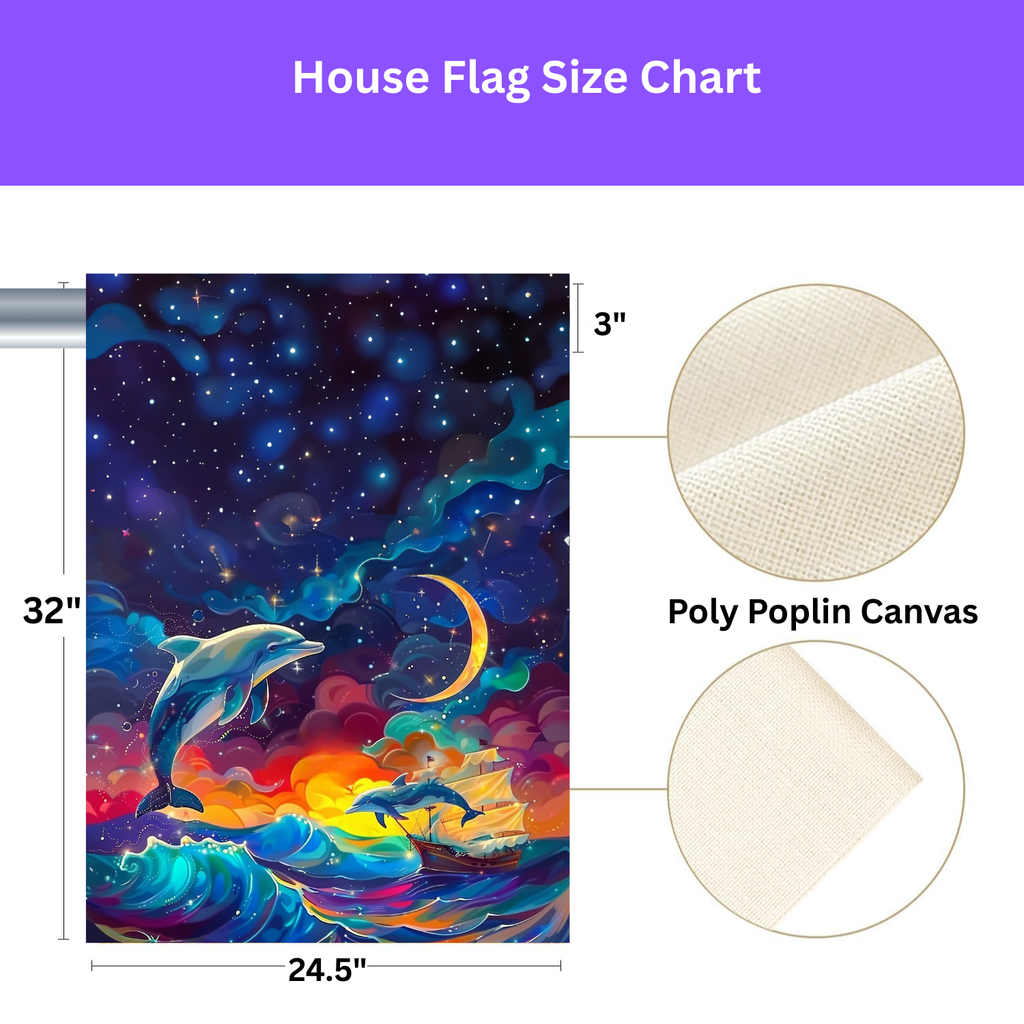 Abstract Sea Dolphin Garden Flag - size comparison - Dragonfire Gardens