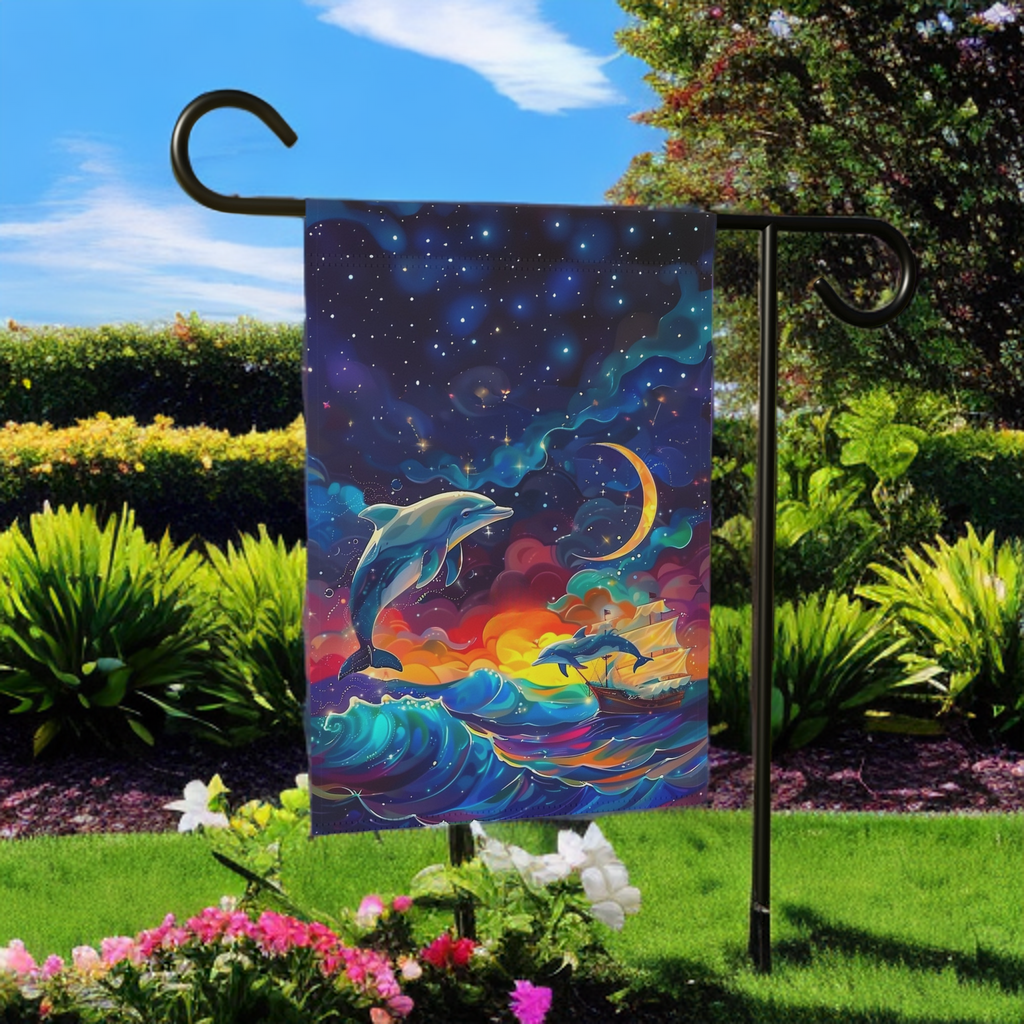 Abstract Sea Dolphin Garden Flag - outdoor display - Dragonfire Gardens