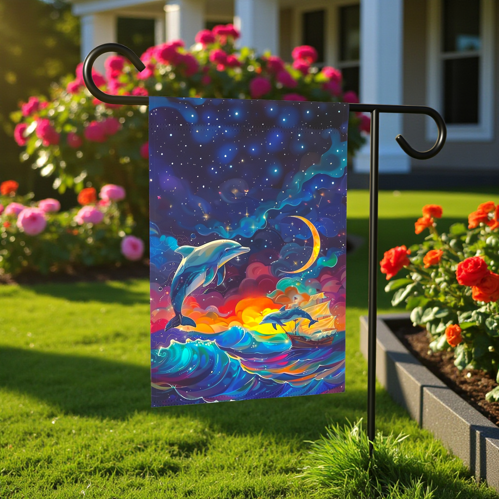 Abstract Sea Dolphin Garden Flag - front view - Dragonfire Gardens