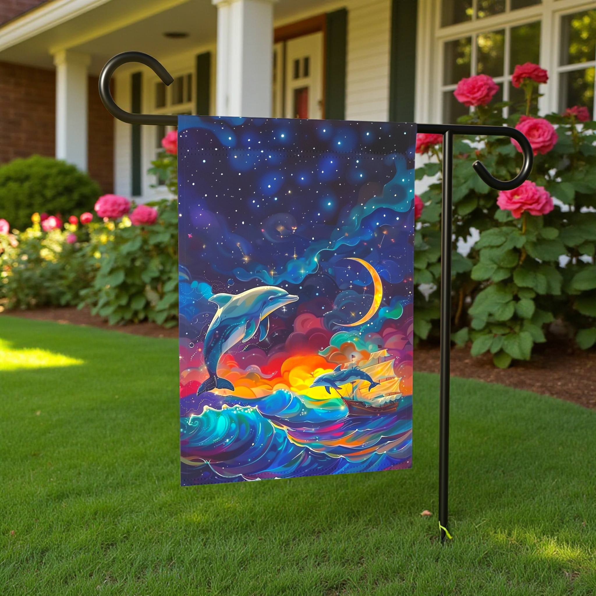 Abstract Sea Dolphin Garden Flag - lifestyle display - Dragonfire Gardens