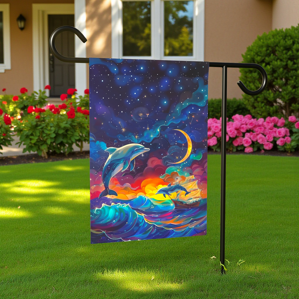 Abstract Sea Dolphin Garden Flag - banner view - Dragonfire Gardens