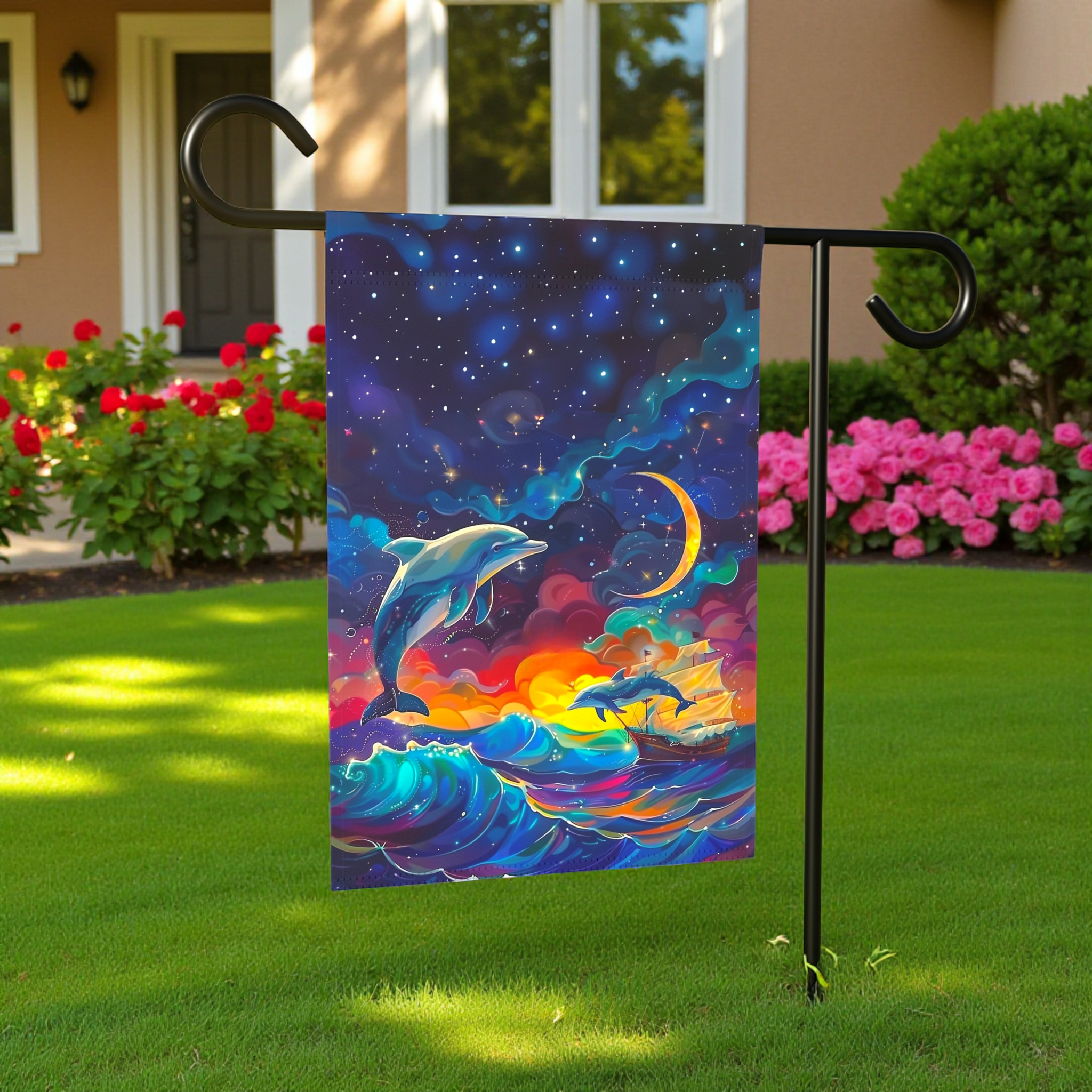 Abstract Sea Dolphin Garden Flag - banner view - Dragonfire Gardens