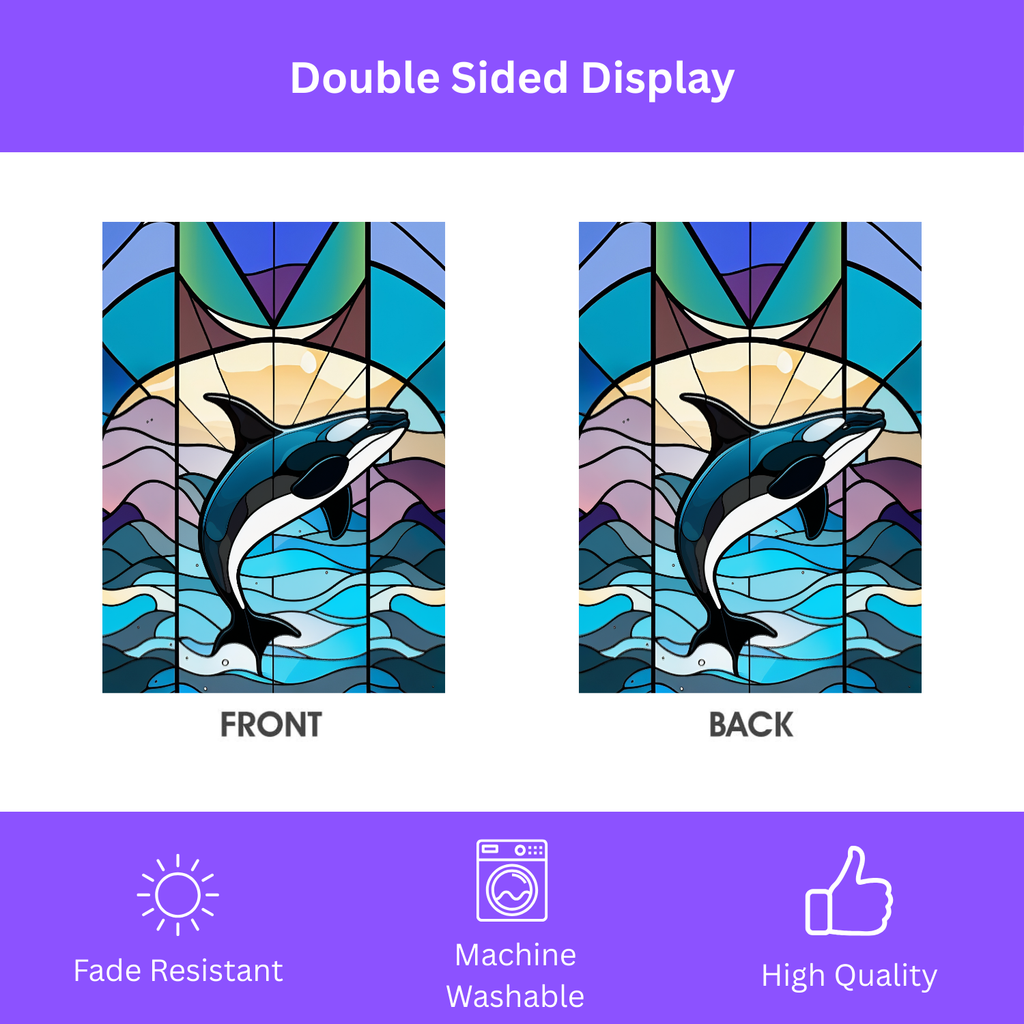 Stained Glass Orca Garden Flag - double-sided design - Dragonfire Gardens