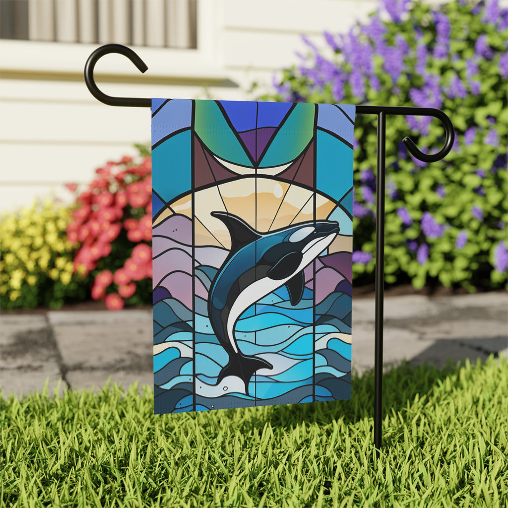 Stained Glass Orca Garden Flag - outdoor display - Dragonfire Gardens