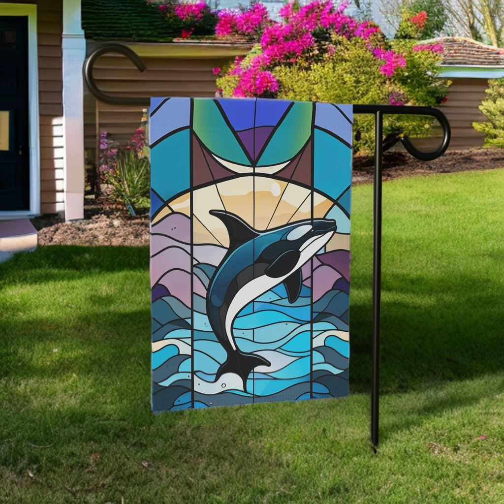 Stained Glass Orca Garden Flag - size comparison - Dragonfire Gardens