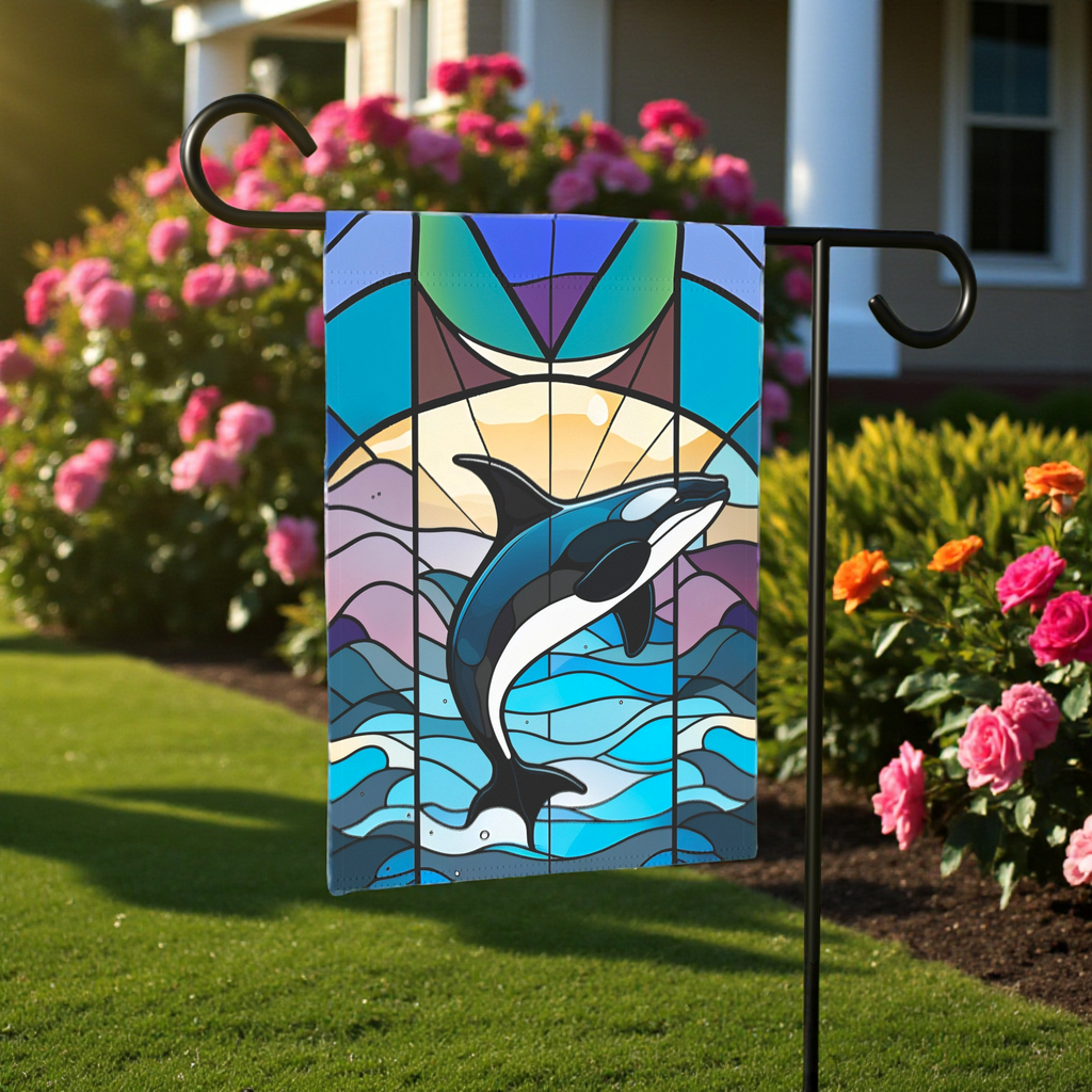Stained Glass Orca Garden Flag - front view - Dragonfire Gardens