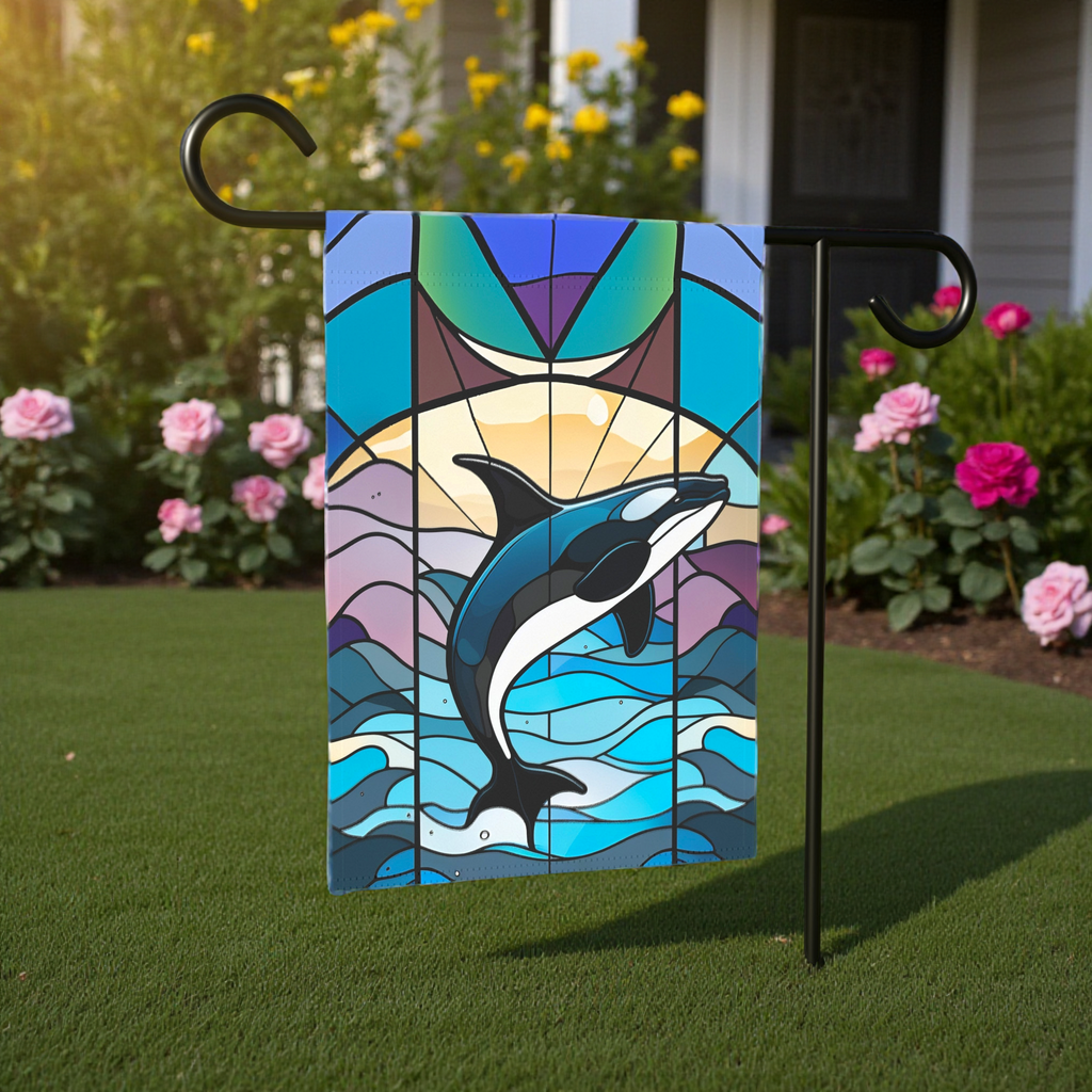 Stained Glass Orca Garden Flag - lifestyle display - Dragonfire Gardens