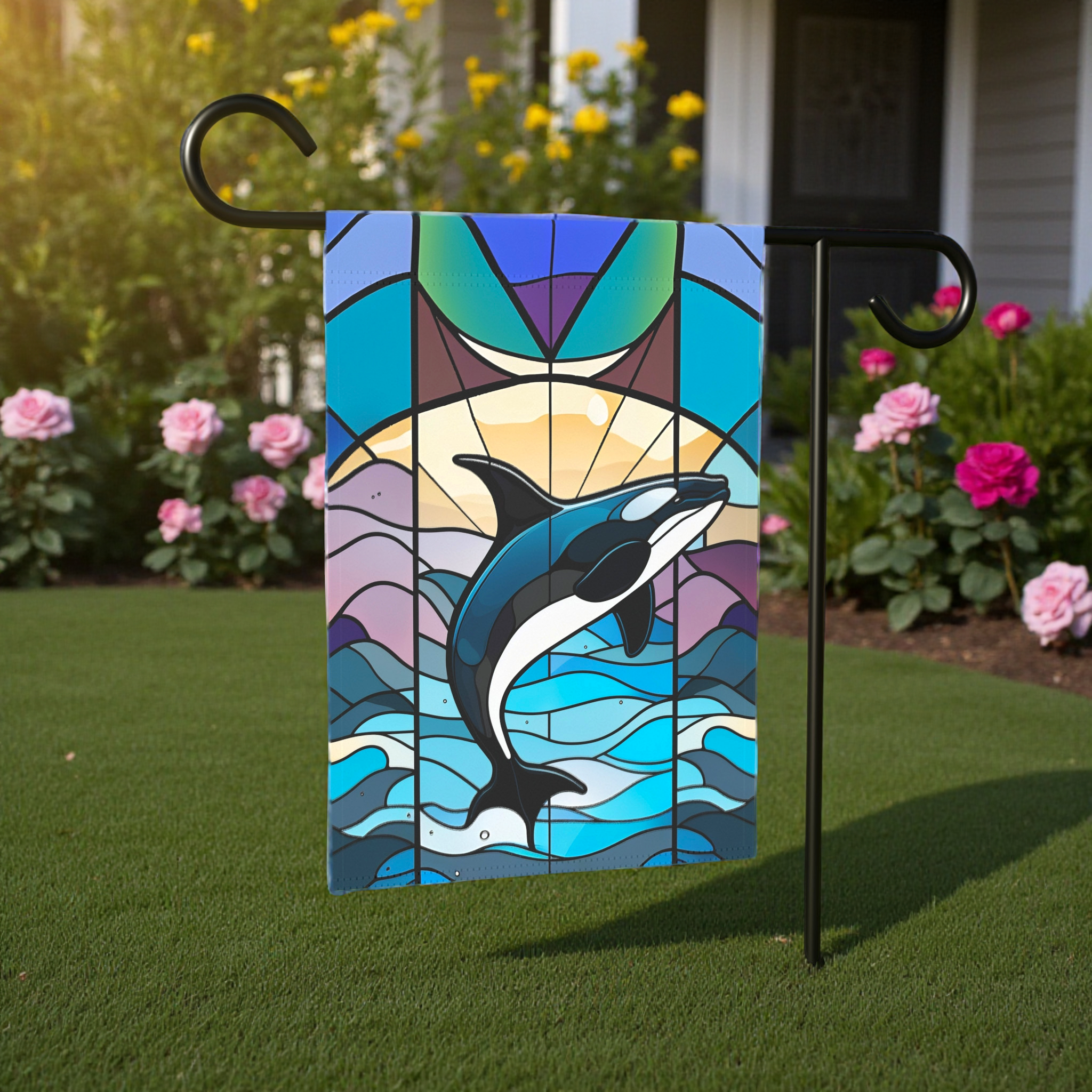 Stained Glass Orca Garden Flag - lifestyle display - Dragonfire Gardens