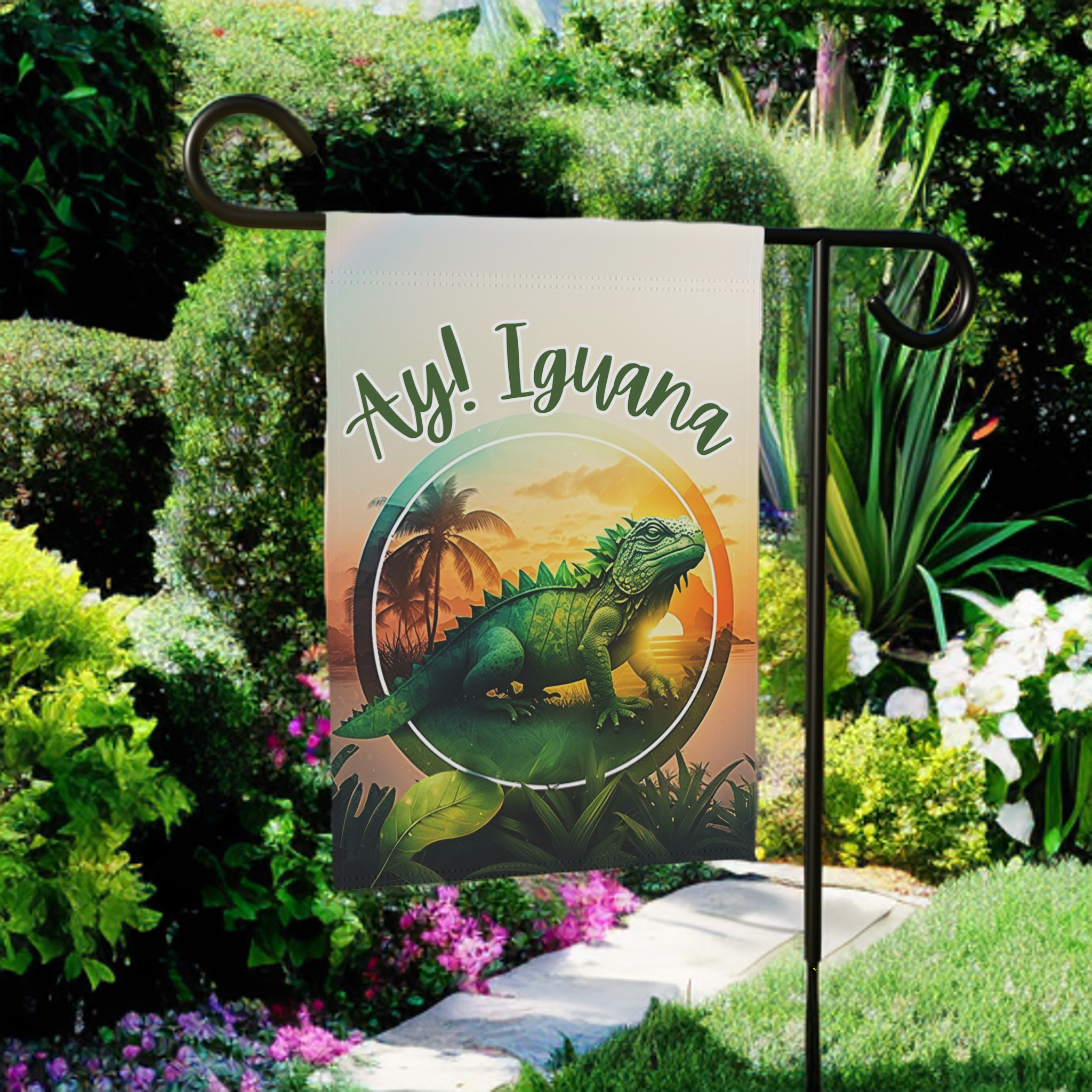 Ay! Iguana Garden Flag - size comparison - Dragonfire Gardens
