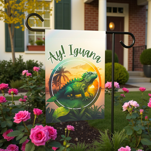 Ay! Iguana Garden Flag - lifestyle display - Dragonfire Gardens