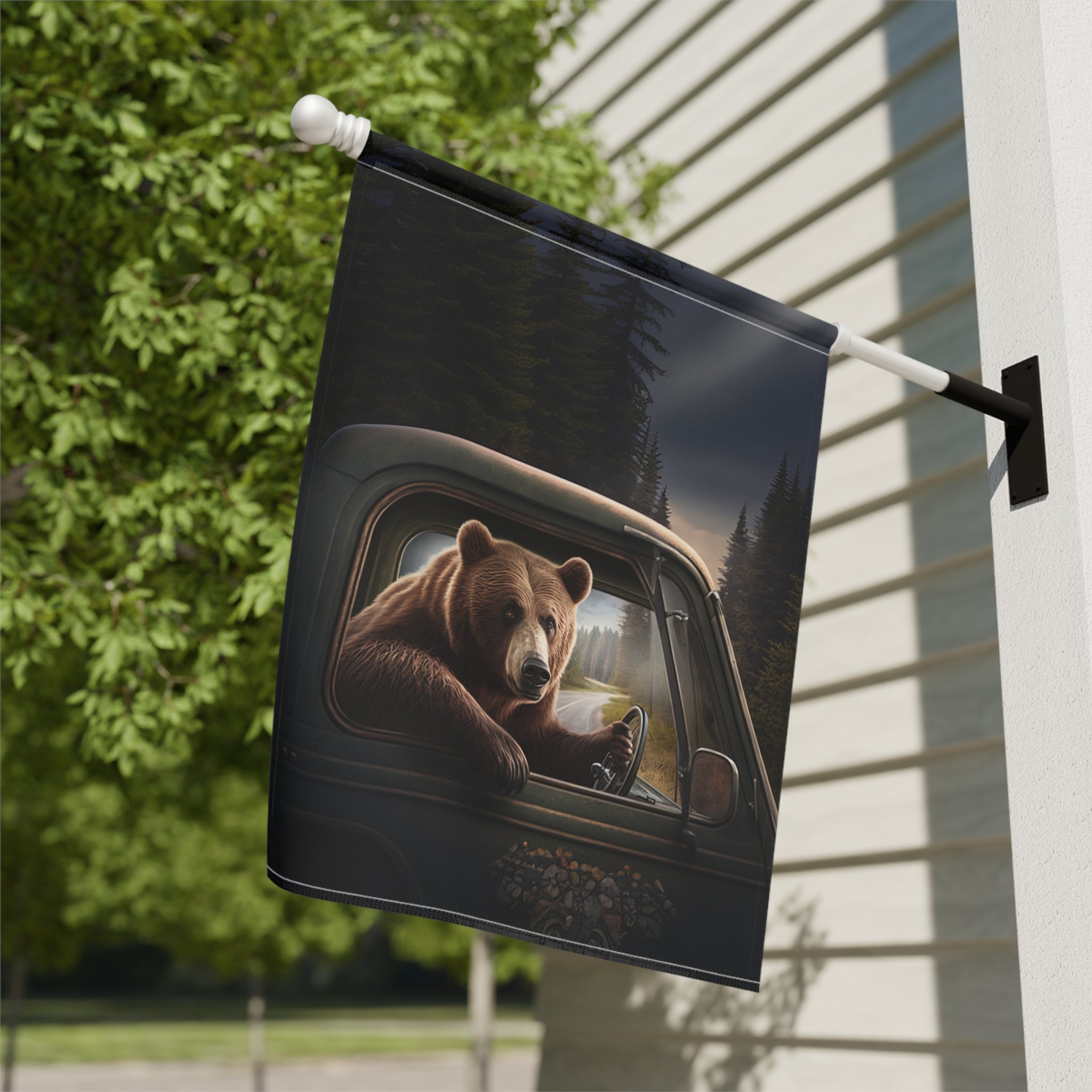 Bear Driving Garden Flag - close-up detail - Dragonfire Gardens