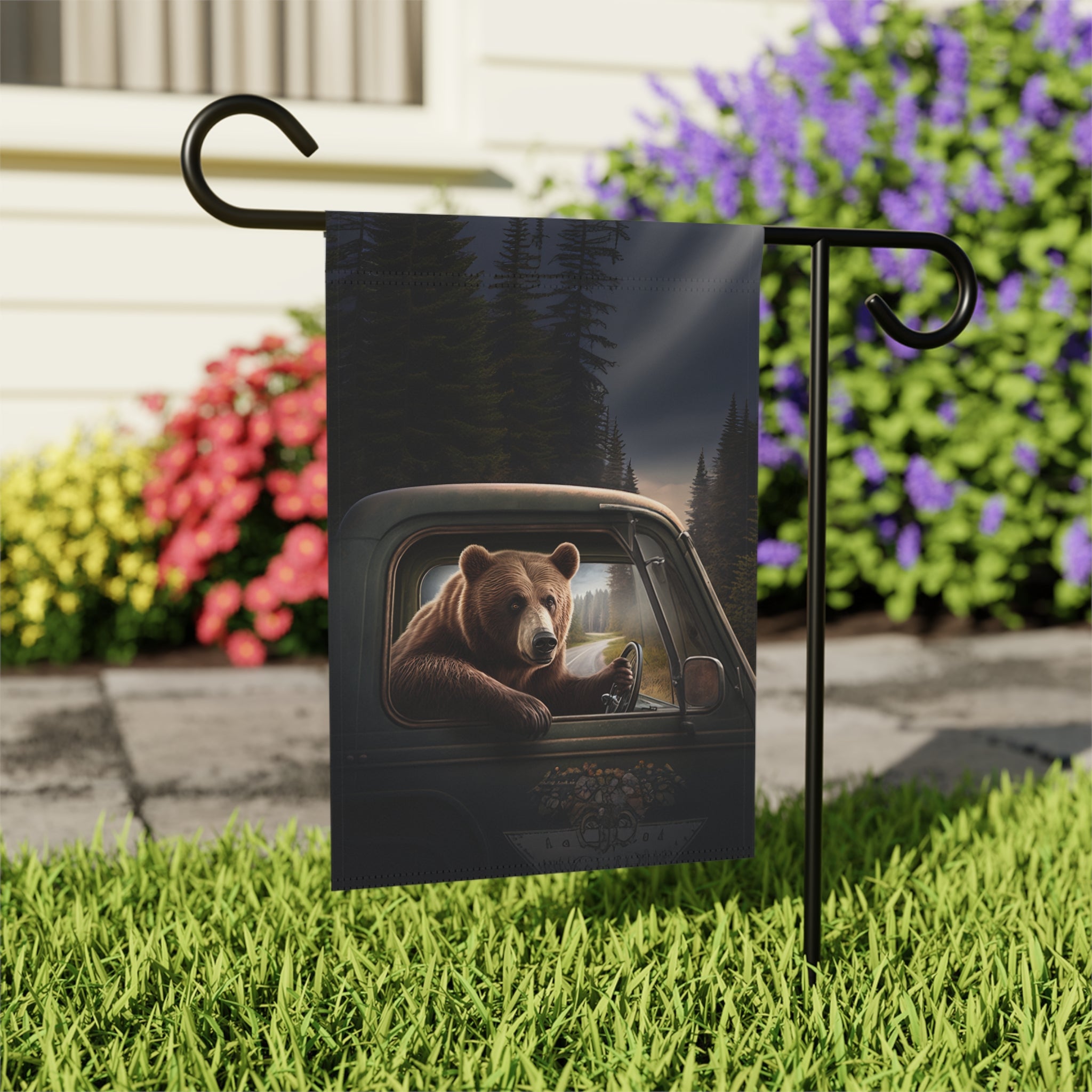 Bear Driving Garden Flag - outdoor display - Dragonfire Gardens