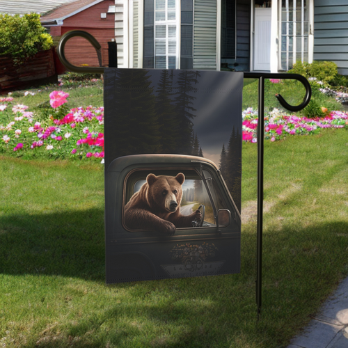 Bear Driving Garden Flag - size comparison - Dragonfire Gardens