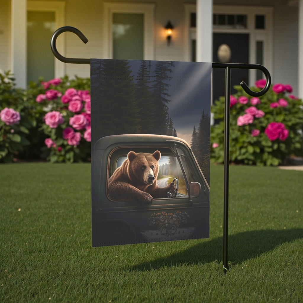 Bear Driving Garden Flag - lifestyle display - Dragonfire Gardens