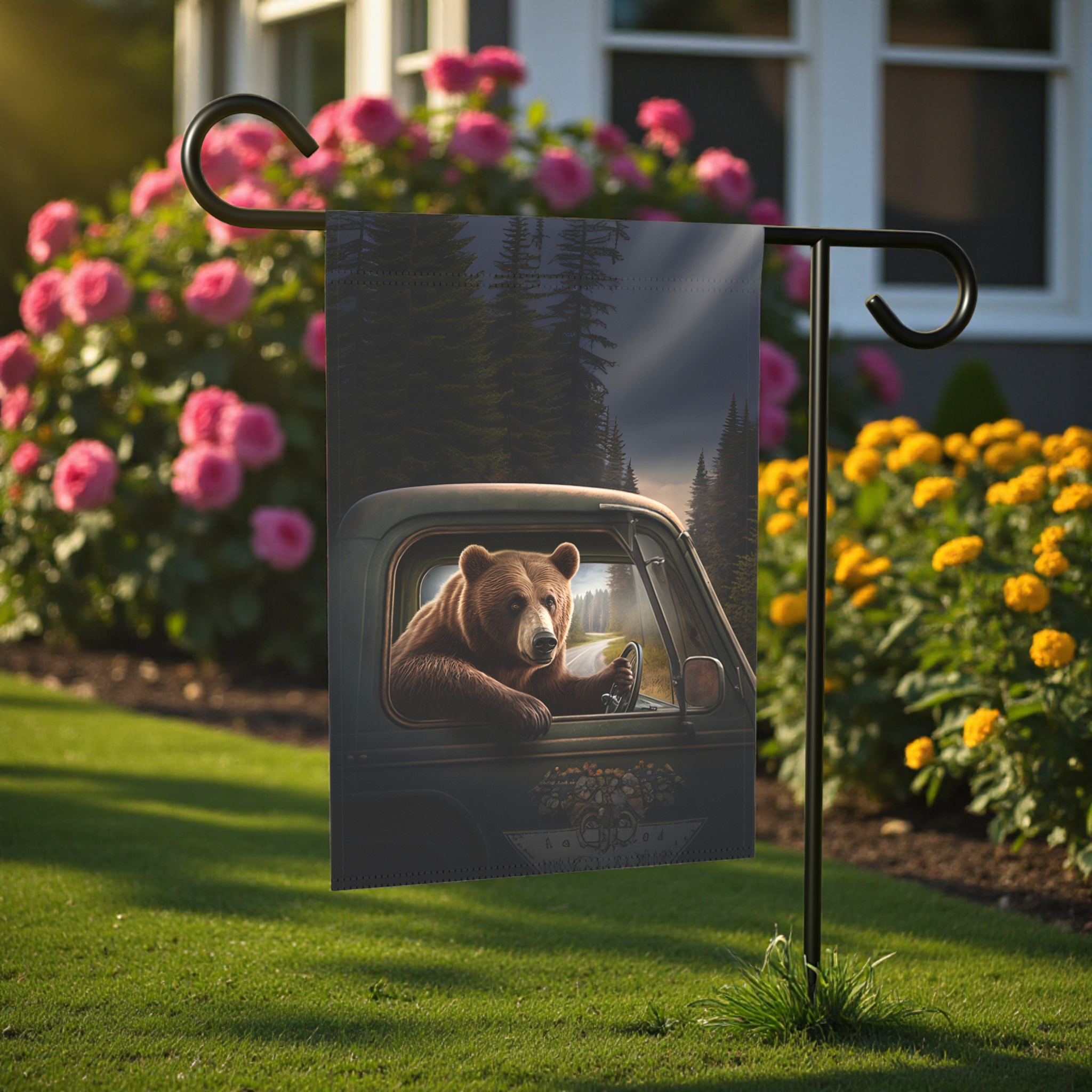 Bear Driving Garden Flag - front view - Dragonfire Gardens