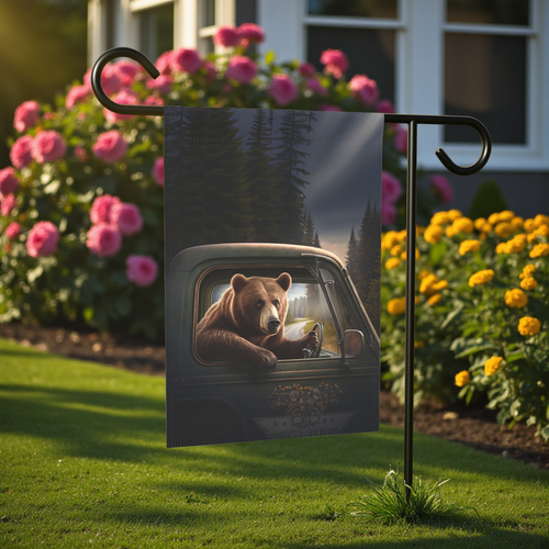 Bear Driving Garden Flag - front view - Dragonfire Gardens