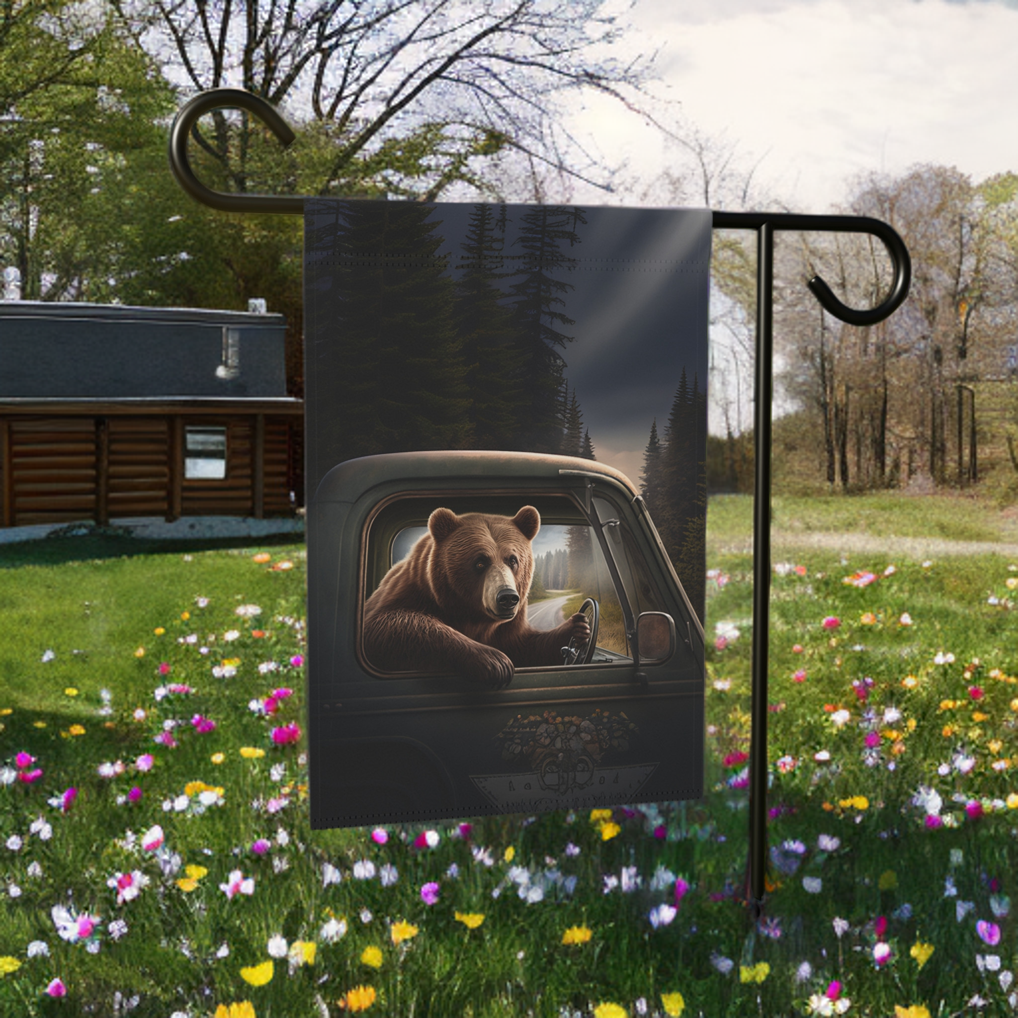 Bear Driving Garden Flag - product detail - Dragonfire Gardens