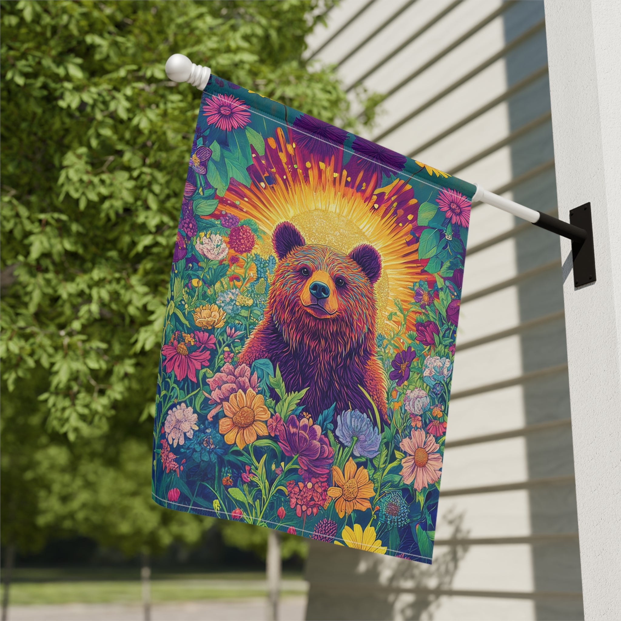 Bear in Flowers Garden Flag - close-up detail - Dragonfire Gardens