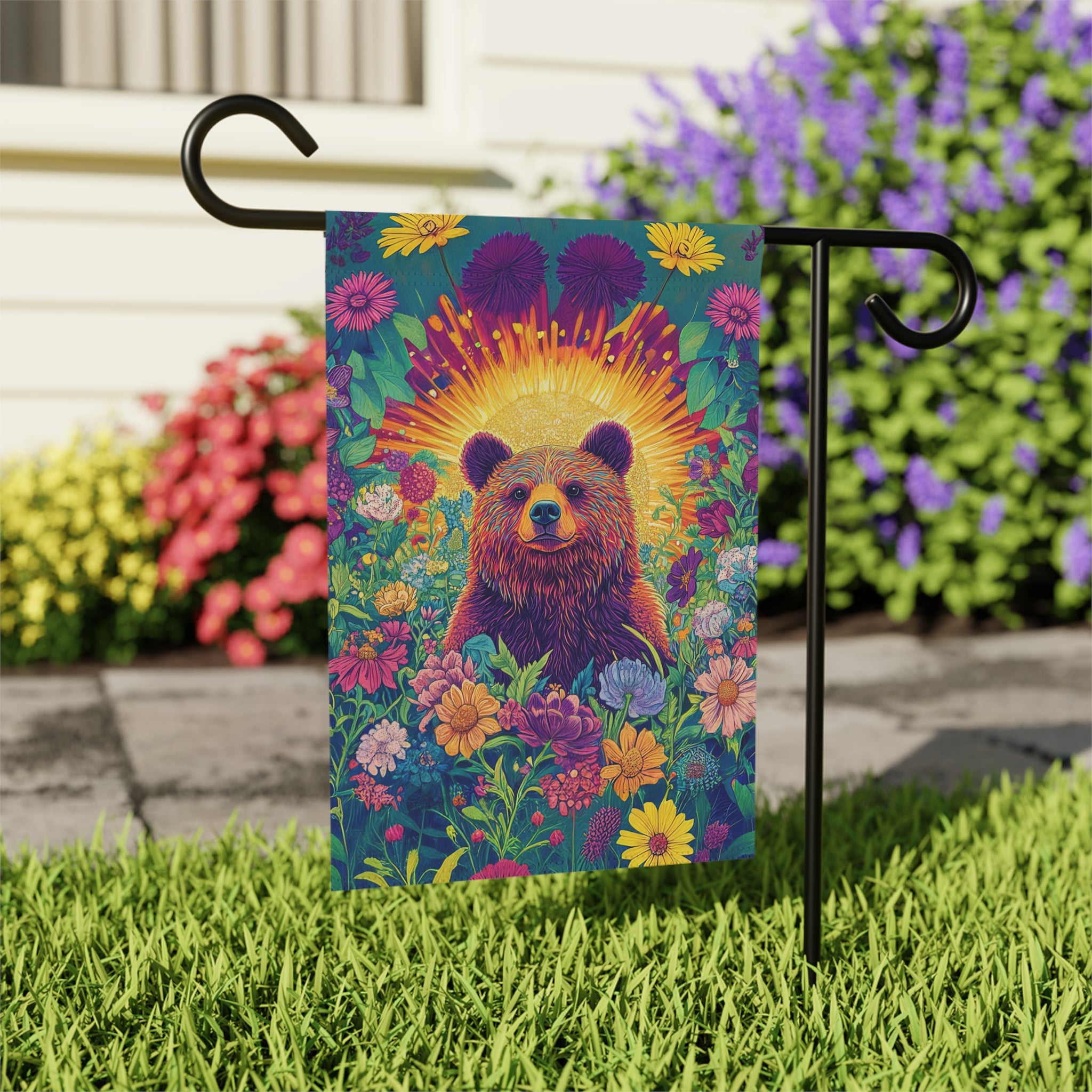 Bear in Flowers Garden Flag