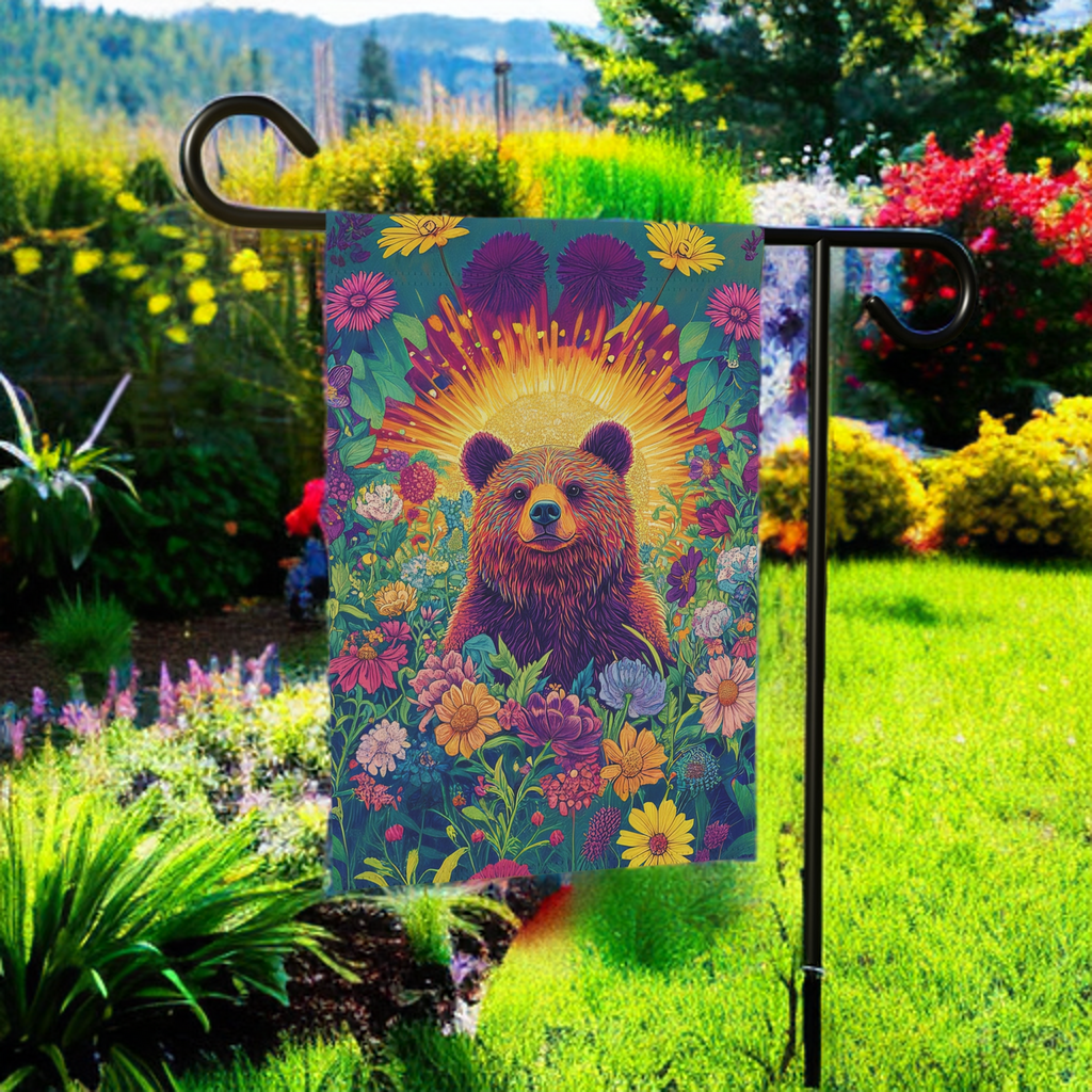 Bear in Flowers Garden Flag