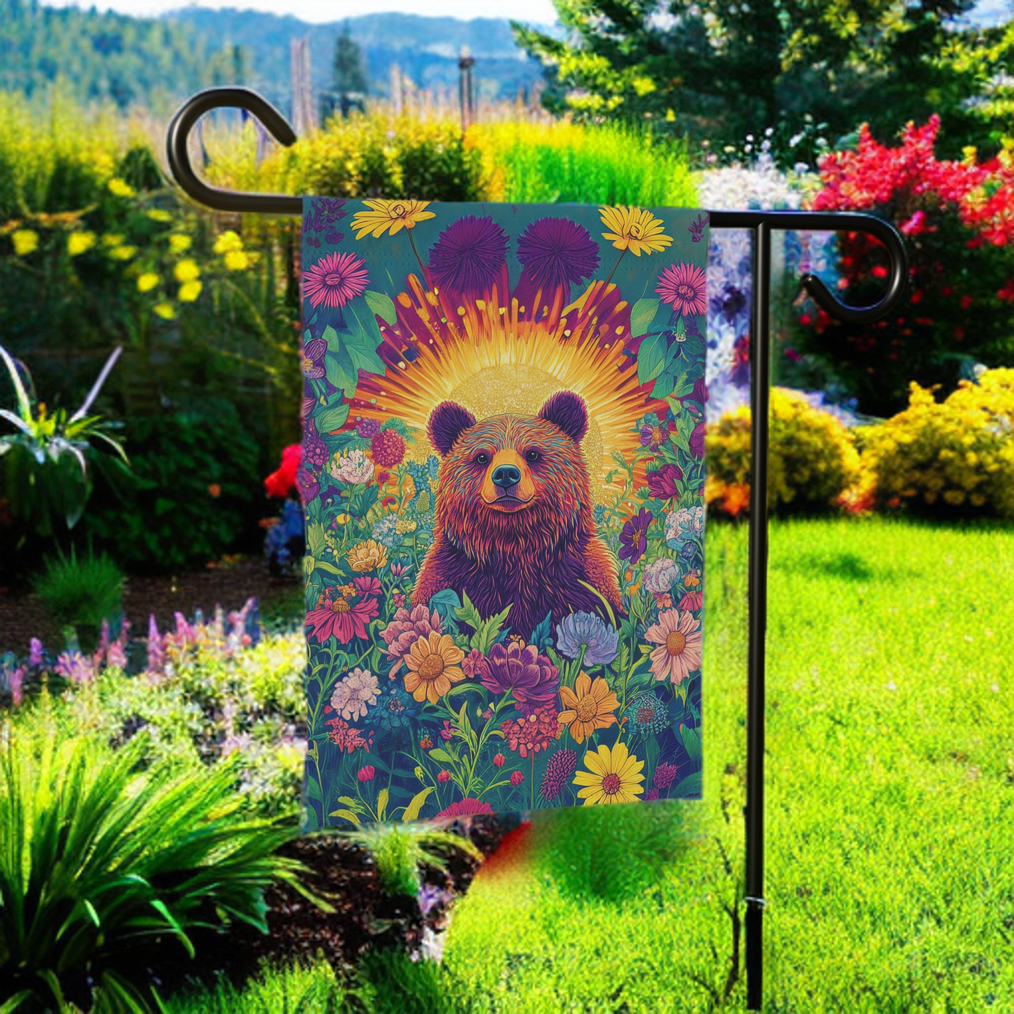 Bear in Flowers Garden Flag
