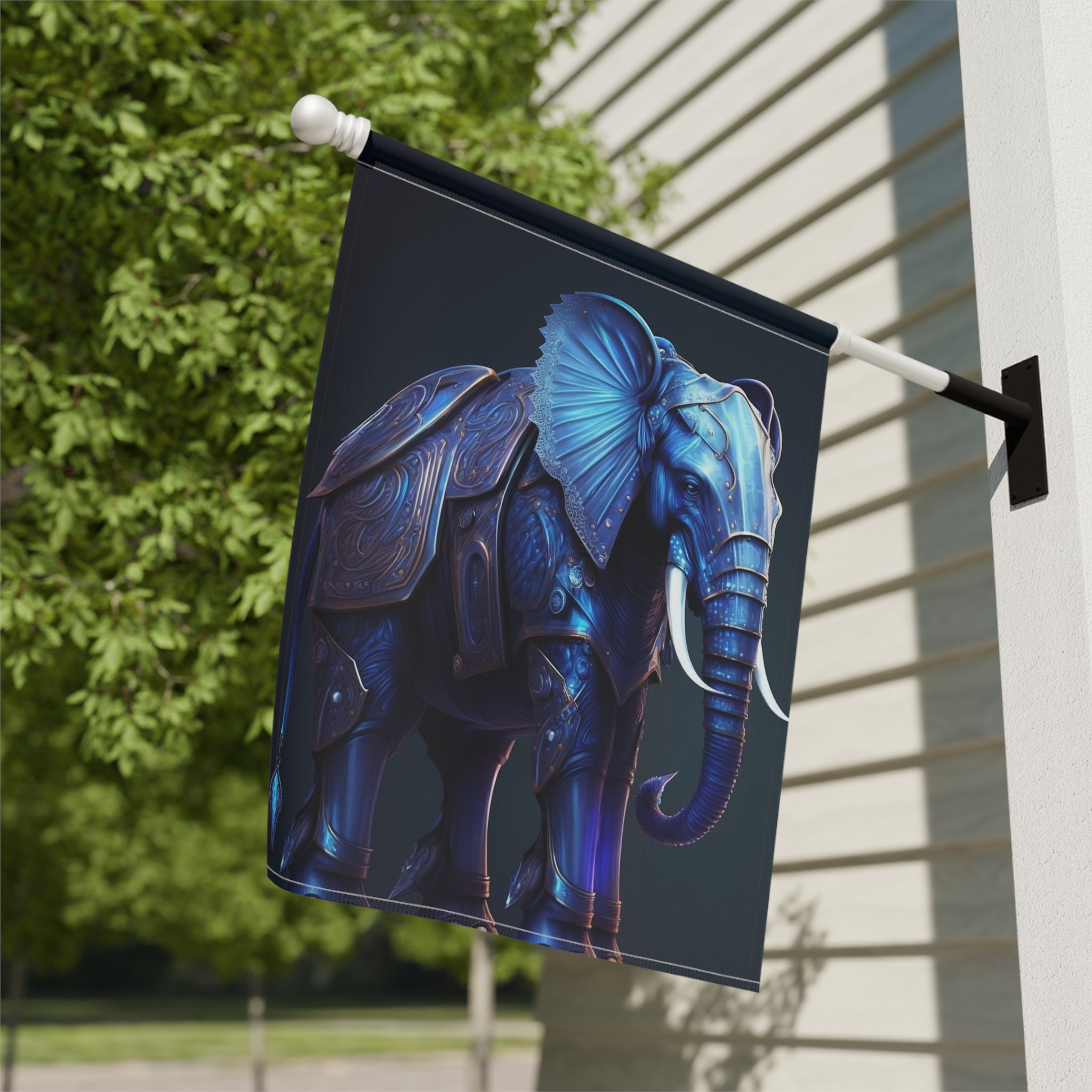 Blue Armor Elephant Garden Flag - close-up detail - Dragonfire Gardens