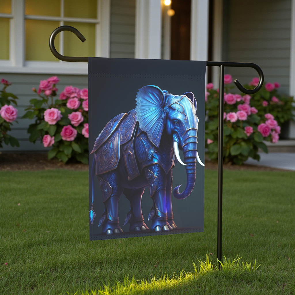Blue Armor Elephant Garden Flag - size comparison - Dragonfire Gardens