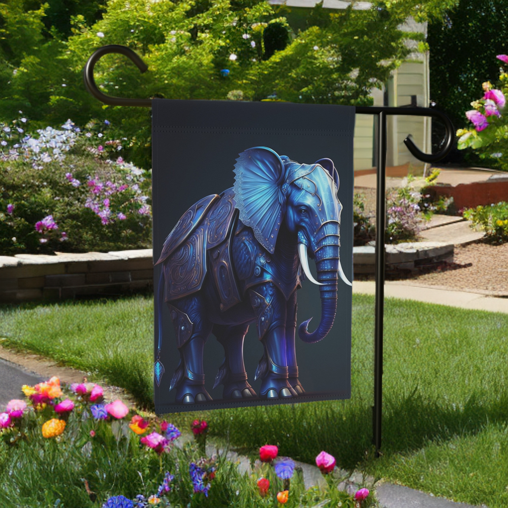 Blue Armor Elephant Garden Flag - lifestyle display - Dragonfire Gardens