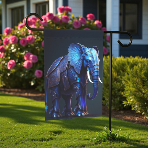 Blue Armor Elephant Garden Flag - front view - Dragonfire Gardens