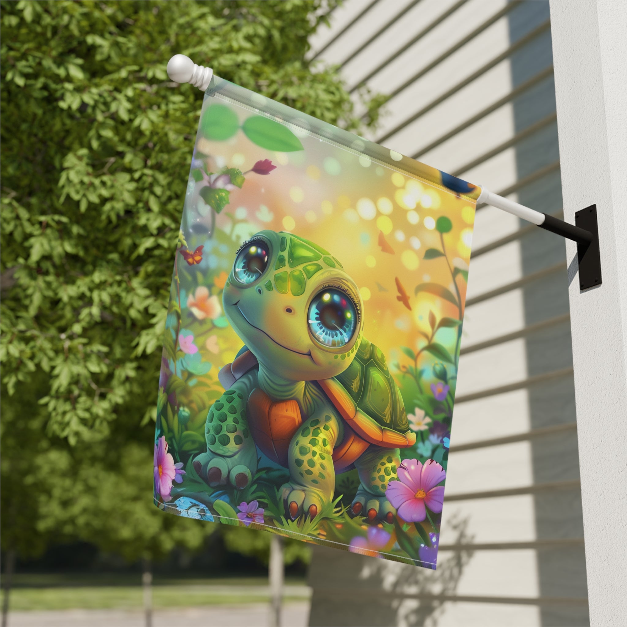 Whimsical Turtle Garden Flag - close-up detail - Dragonfire Gardens