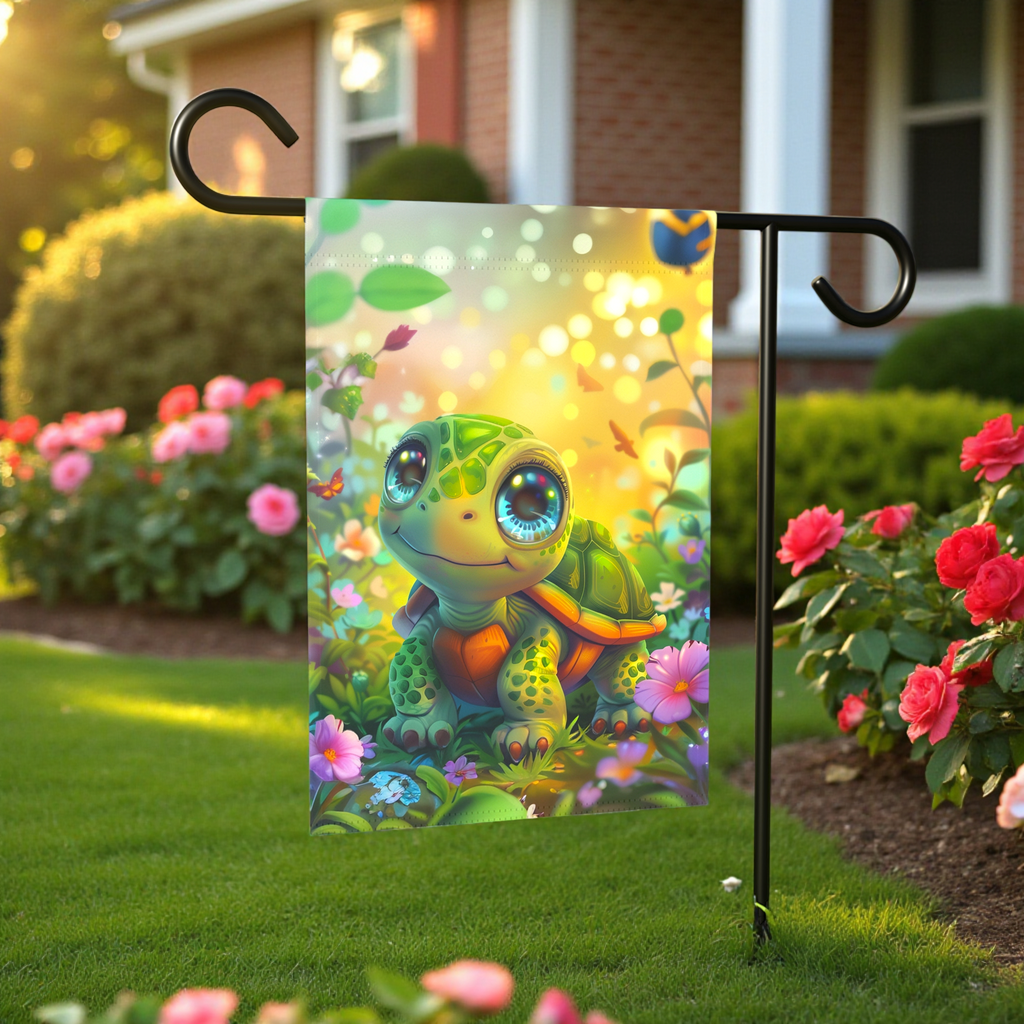 Whimsical Turtle Garden Flag - front view - Dragonfire Gardens