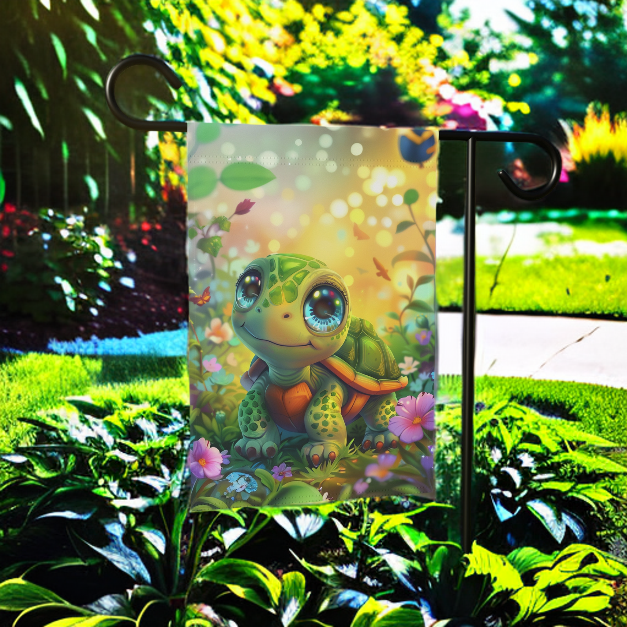 Whimsical Turtle Garden Flag - size comparison - Dragonfire Gardens