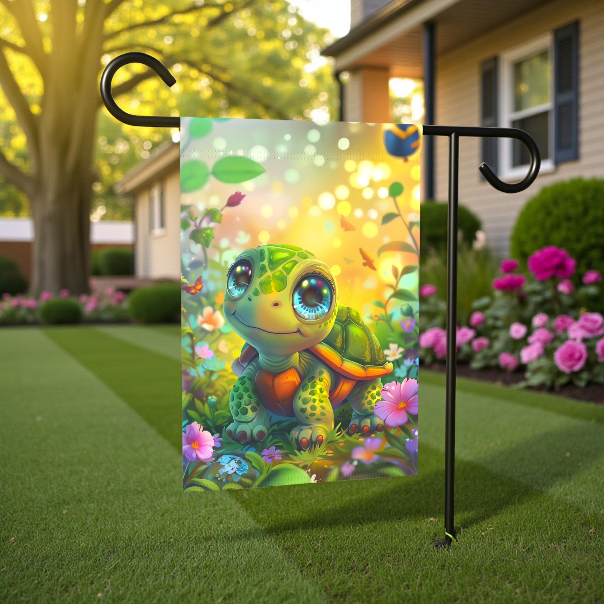 Whimsical Turtle Garden Flag - lifestyle display - Dragonfire Gardens