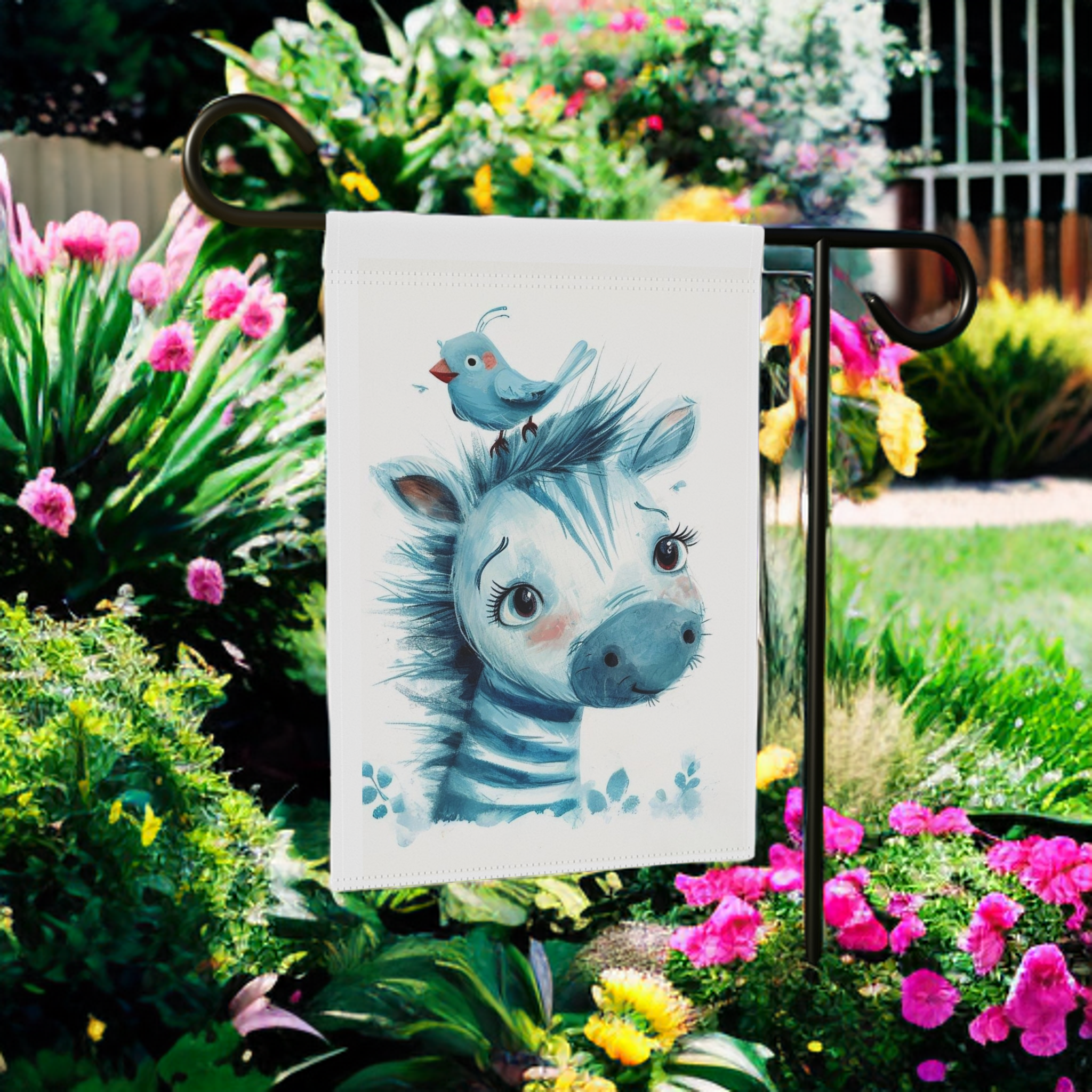 Blue Zebra Garden Flag - lifestyle display - Dragonfire Gardens