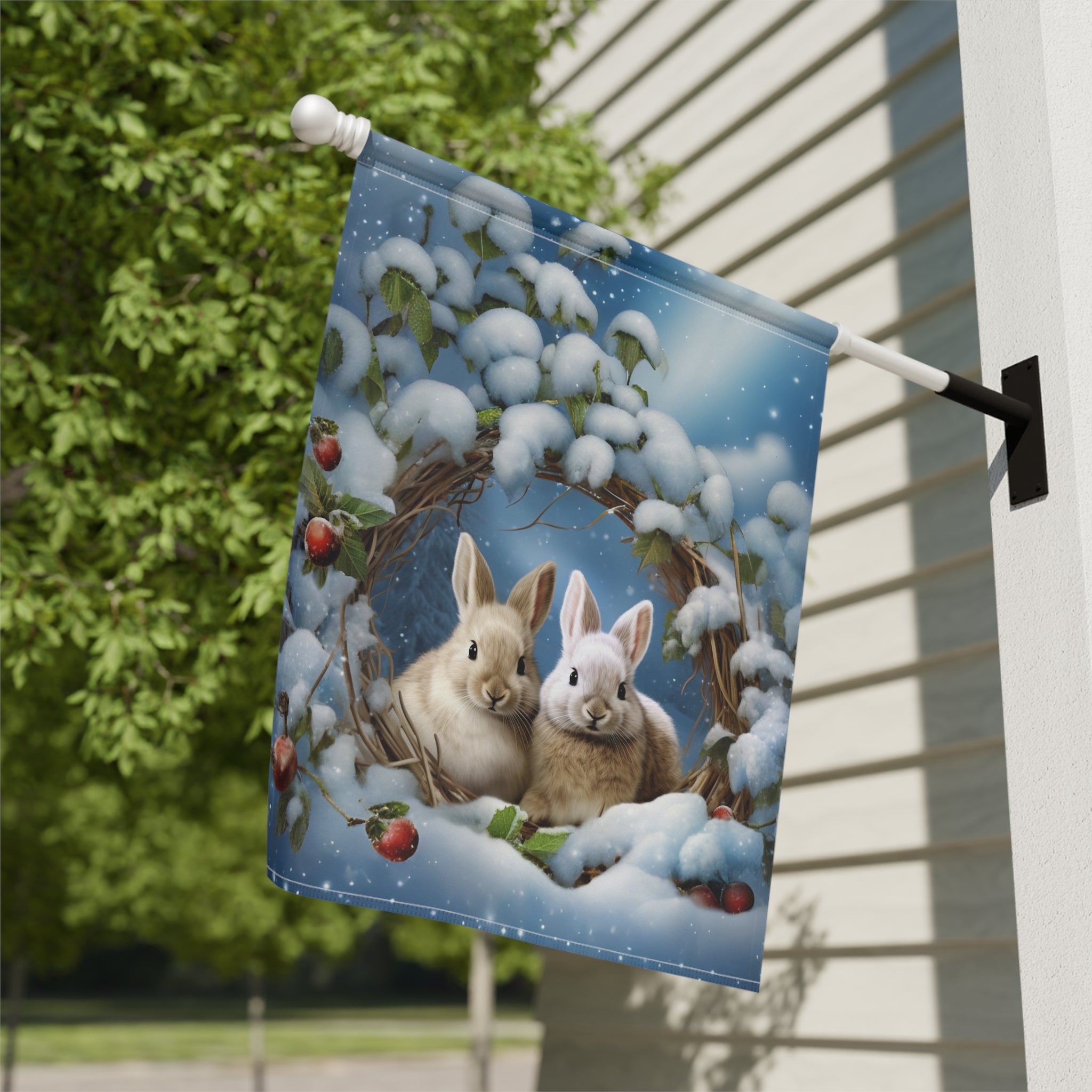 Branch Wreath Rabbit Winter Garden Flag - outdoor display - Dragonfire Gardens