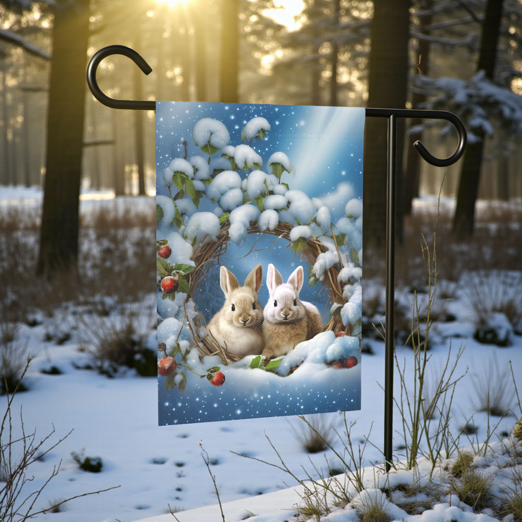 Branch Wreath Rabbit Winter Garden Flag