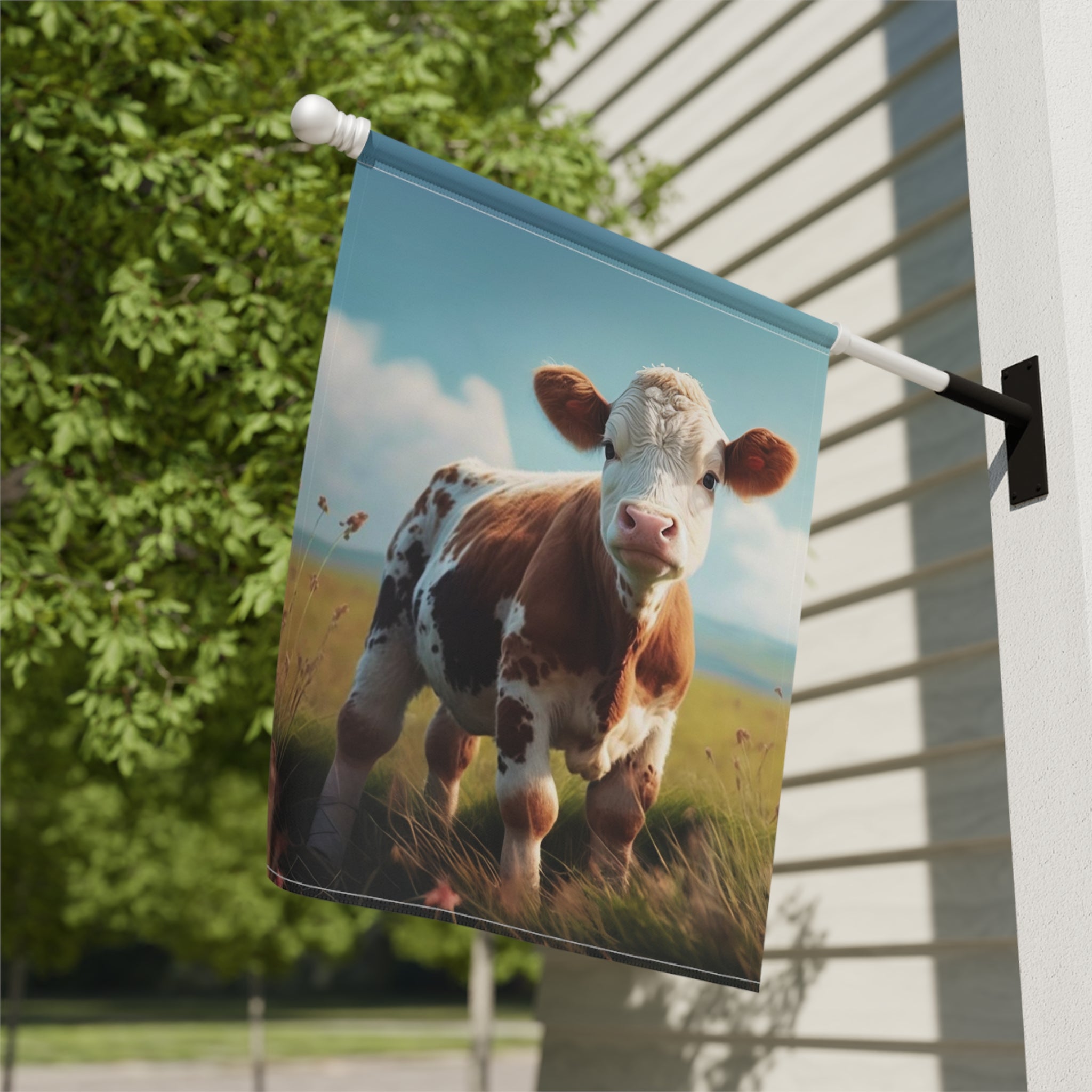 Calf in a Field Garden Flag - close-up detail - Dragonfire Gardens