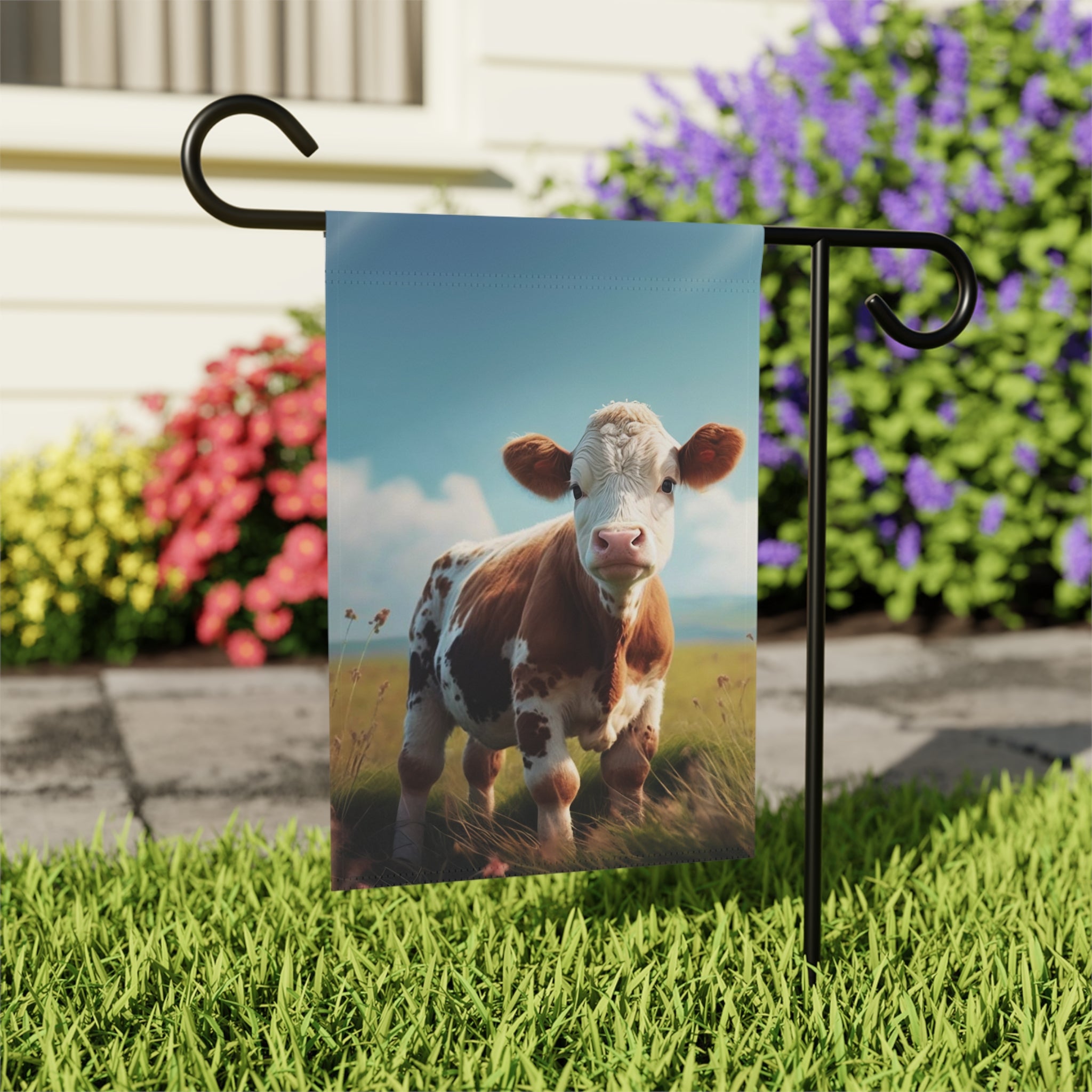 Calf in a Field Garden Flag - outdoor display - Dragonfire Gardens