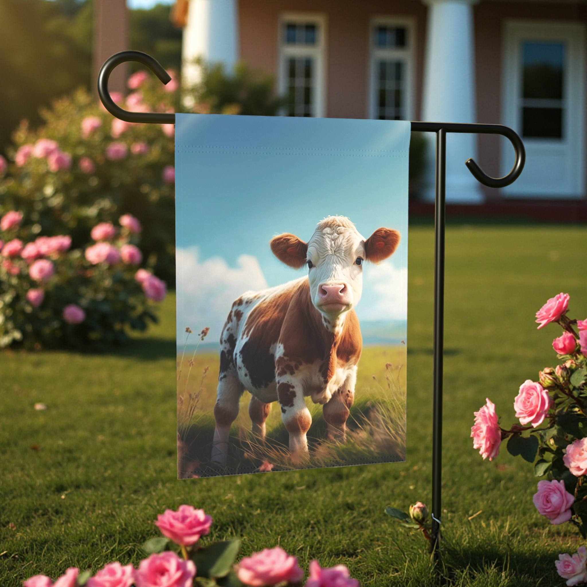 Calf in a Field Garden Flag - size comparison - Dragonfire Gardens